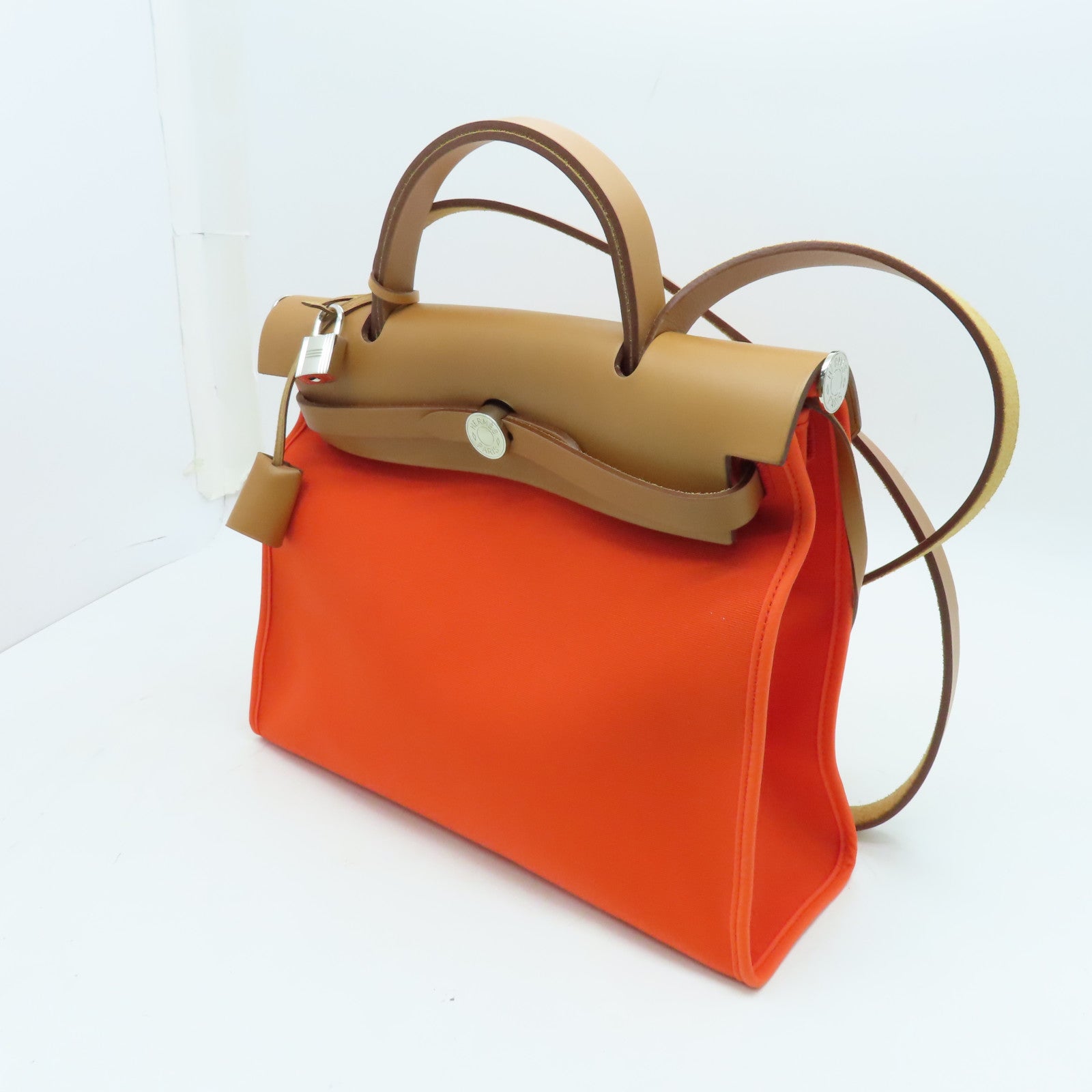 HERMES Canvas Herbag PM Silver Buckle Handle Shoulder Bag Orange/Brown