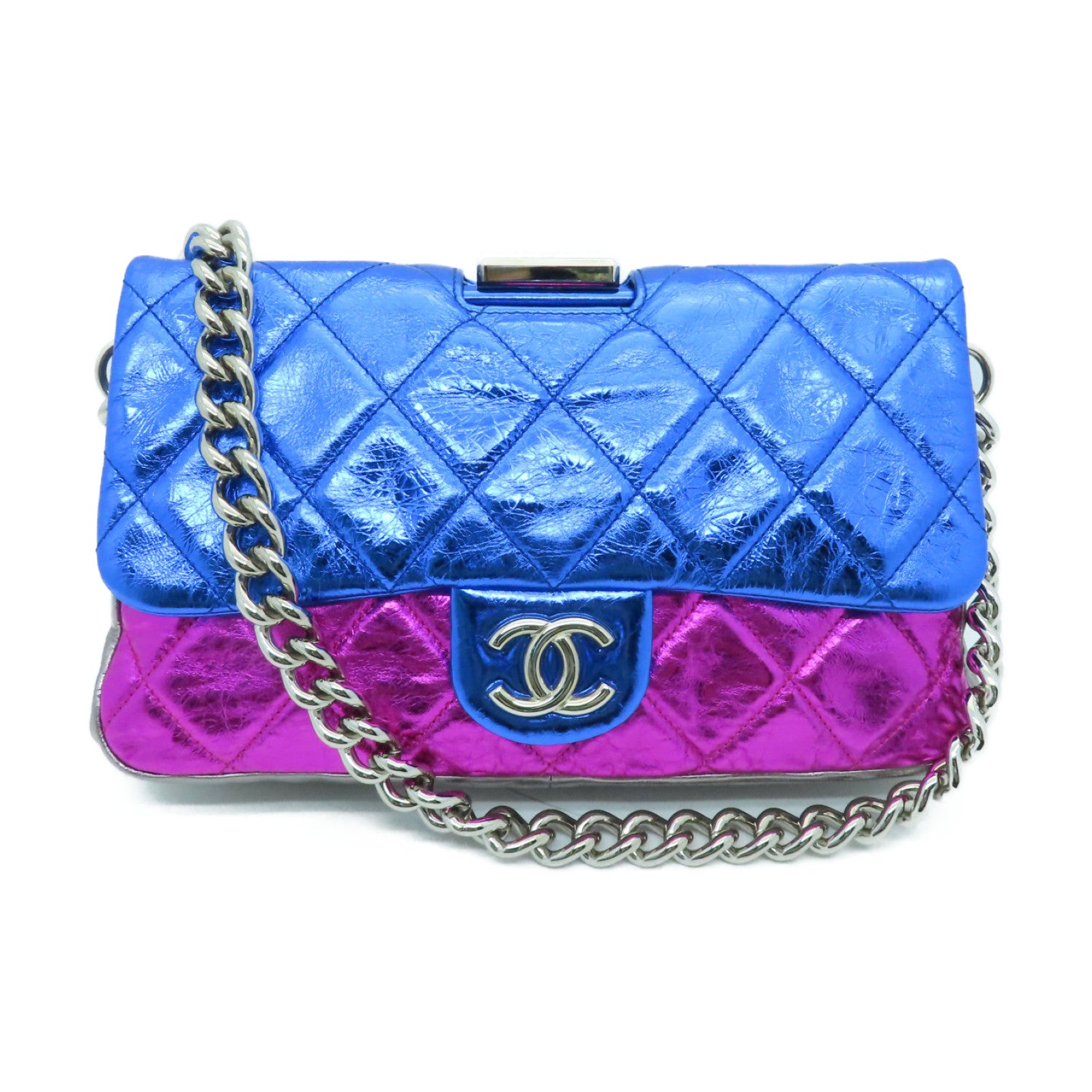 CHANEL 菱格Aged Calf皮革Chain Shoulder Bag銀扣鏈帶肩背袋藍色/粉紅色