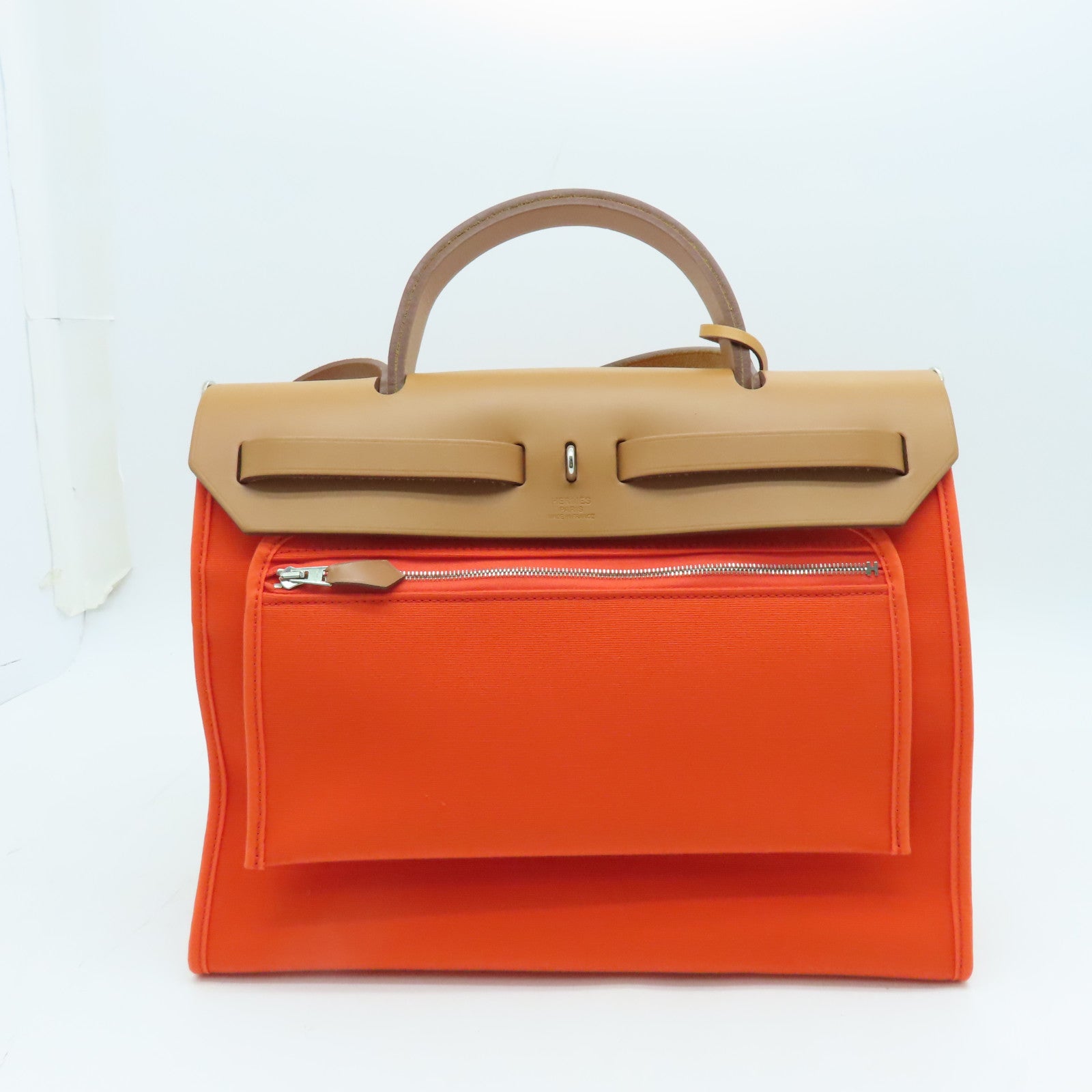 HERMES Canvas Herbag PM Silver Buckle Handle Shoulder Bag Orange/Brown