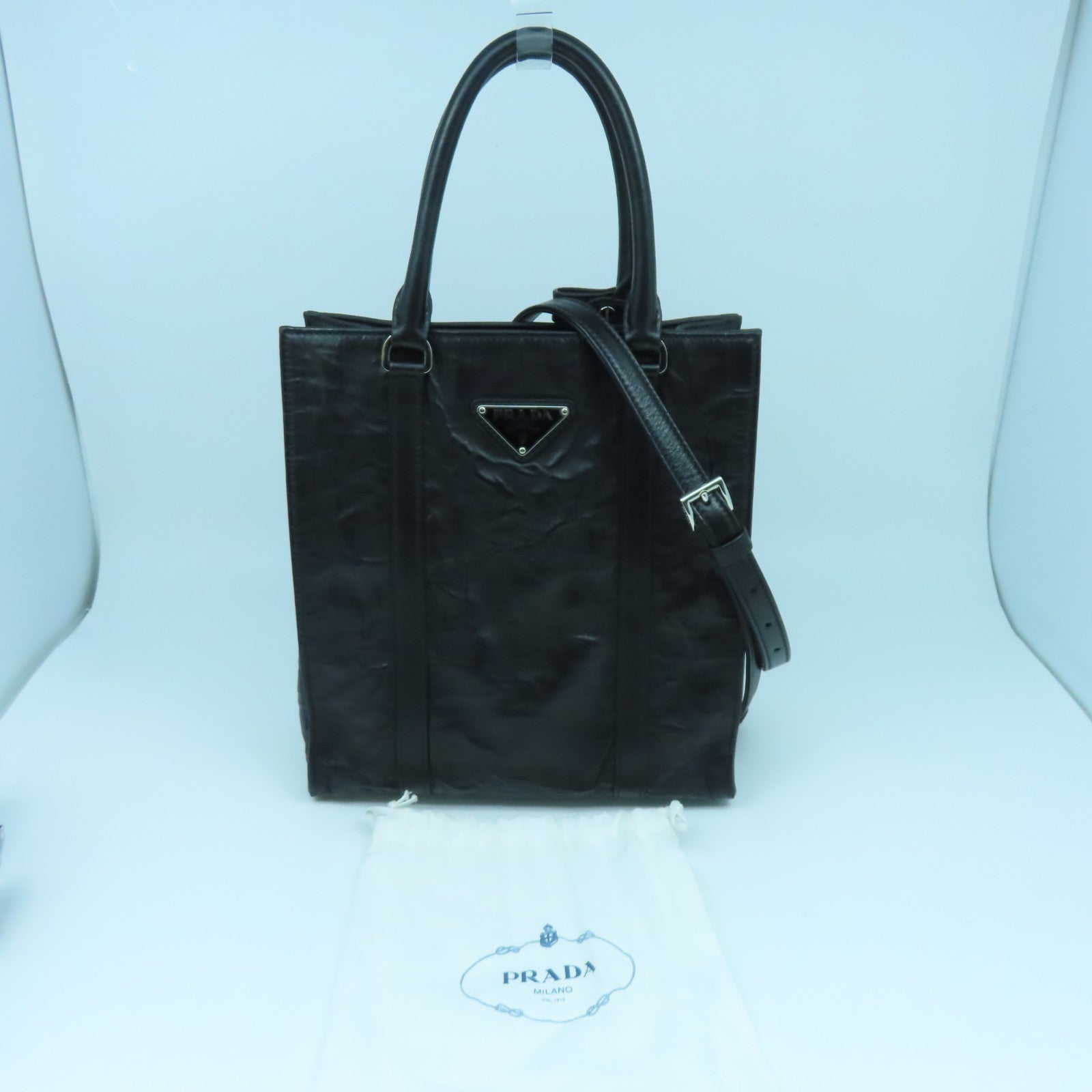 PRADA Nappa皮革Antique Mini Tote銀扣手挽肩背兩用袋黑色
