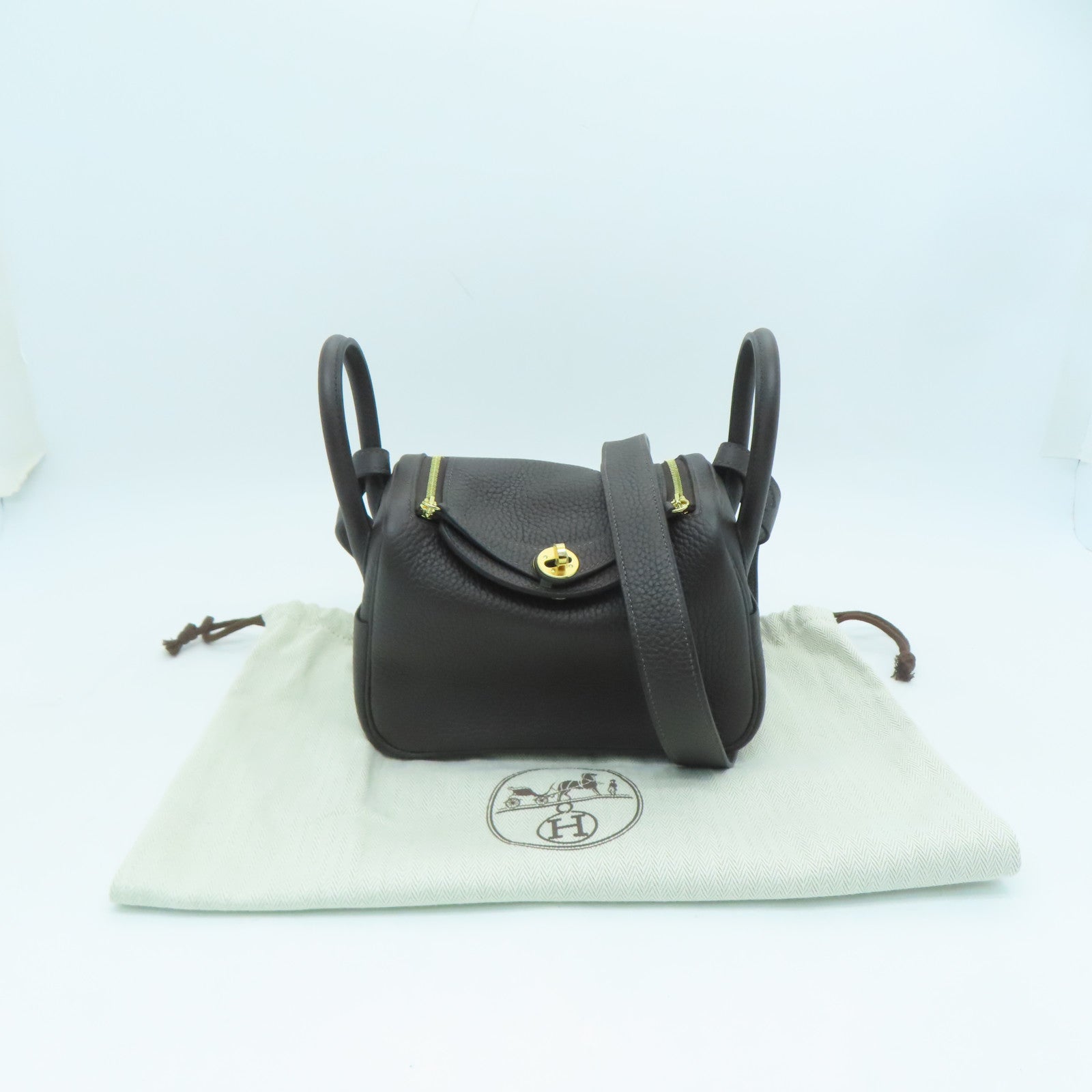 HERMES Clemence皮革Mini Lindy金扣肩背袋深灰色