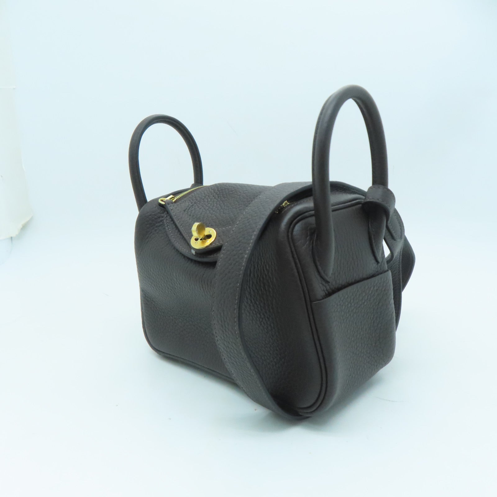 HERMES Clemence皮革Mini Lindy金扣肩背袋深灰色