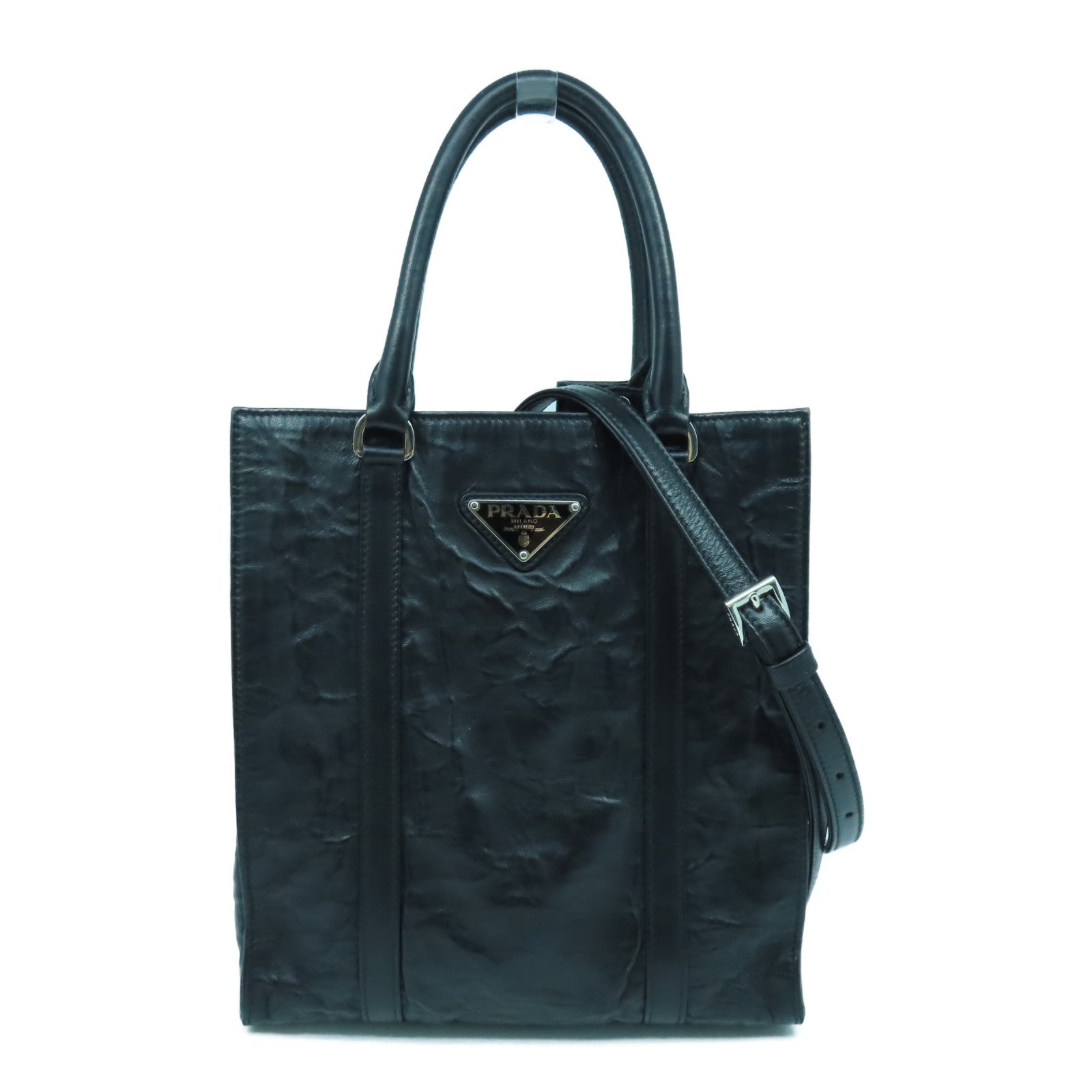 PRADA Nappa皮革Antique Mini Tote銀扣手挽肩背兩用袋黑色