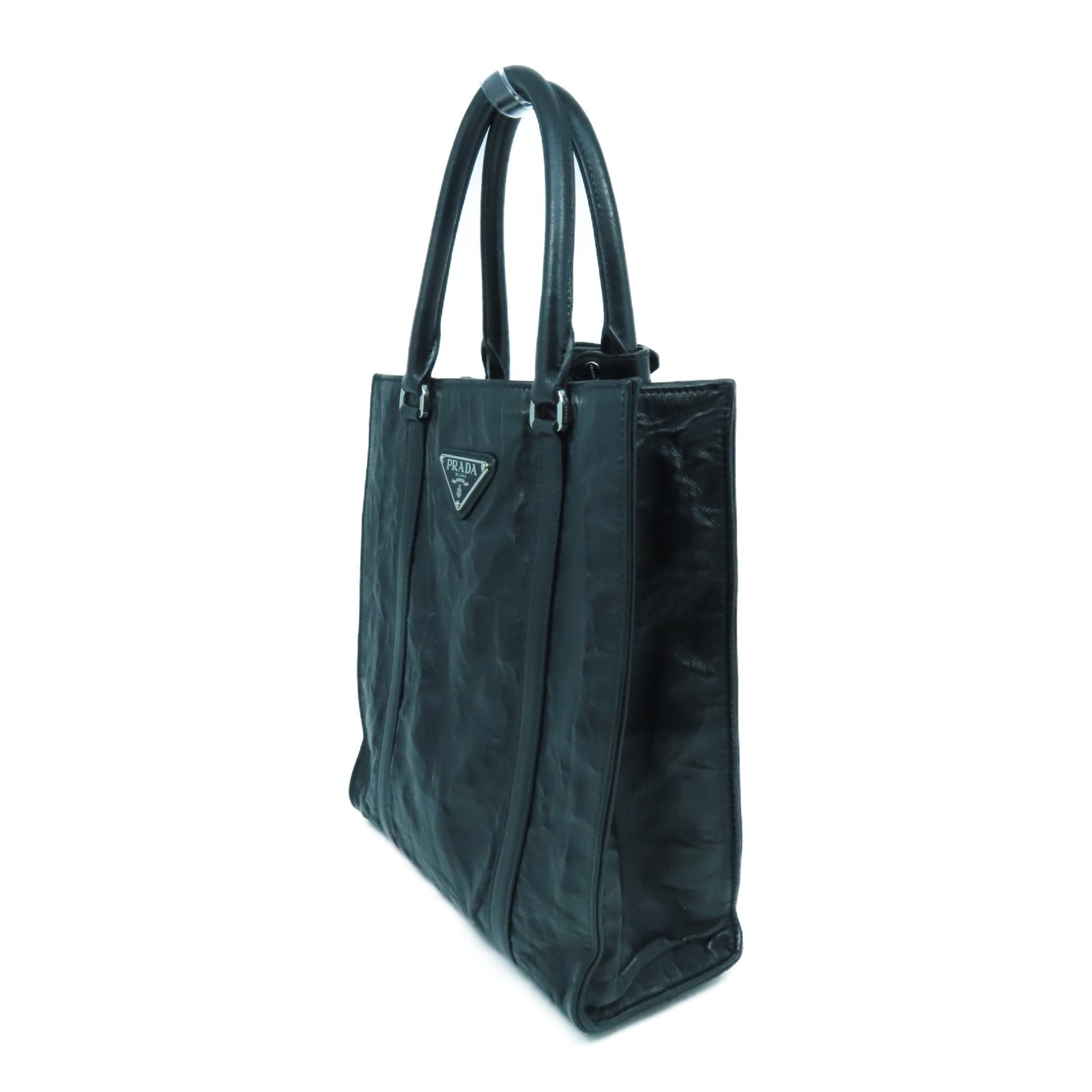 PRADA Nappa皮革Antique Mini Tote銀扣手挽肩背兩用袋黑色