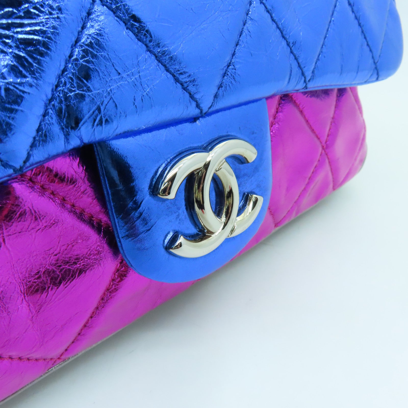 CHANEL 菱格Aged Calf皮革Chain Shoulder Bag銀扣鏈帶肩背袋藍色/粉紅色