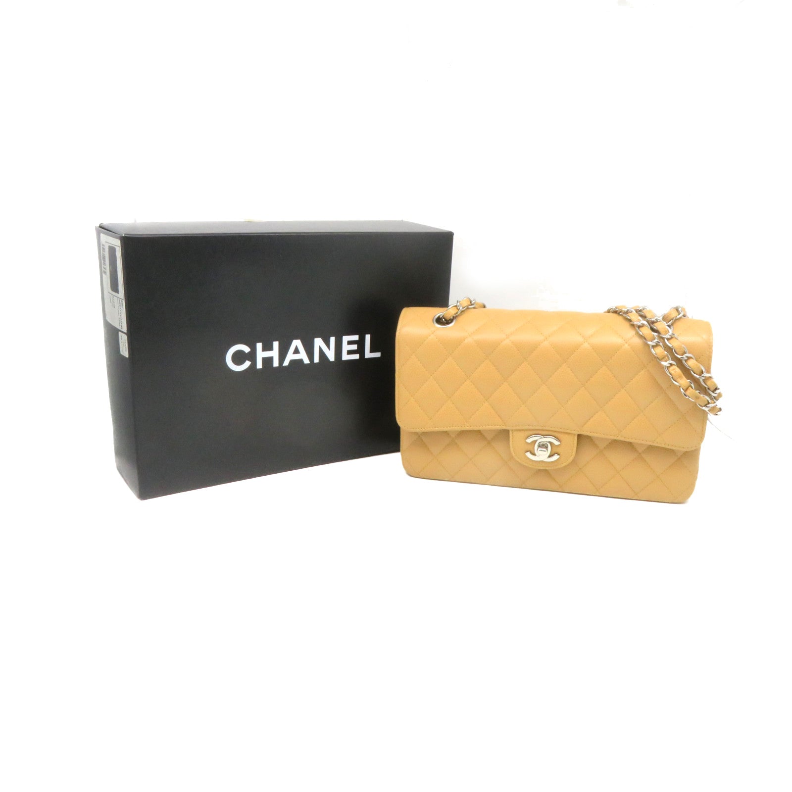 CHANEL Rhombus Caviar Leather Classic Chain Shoulder Bag Silver Buckle Chain Belt Shoulder Bag Light Brown