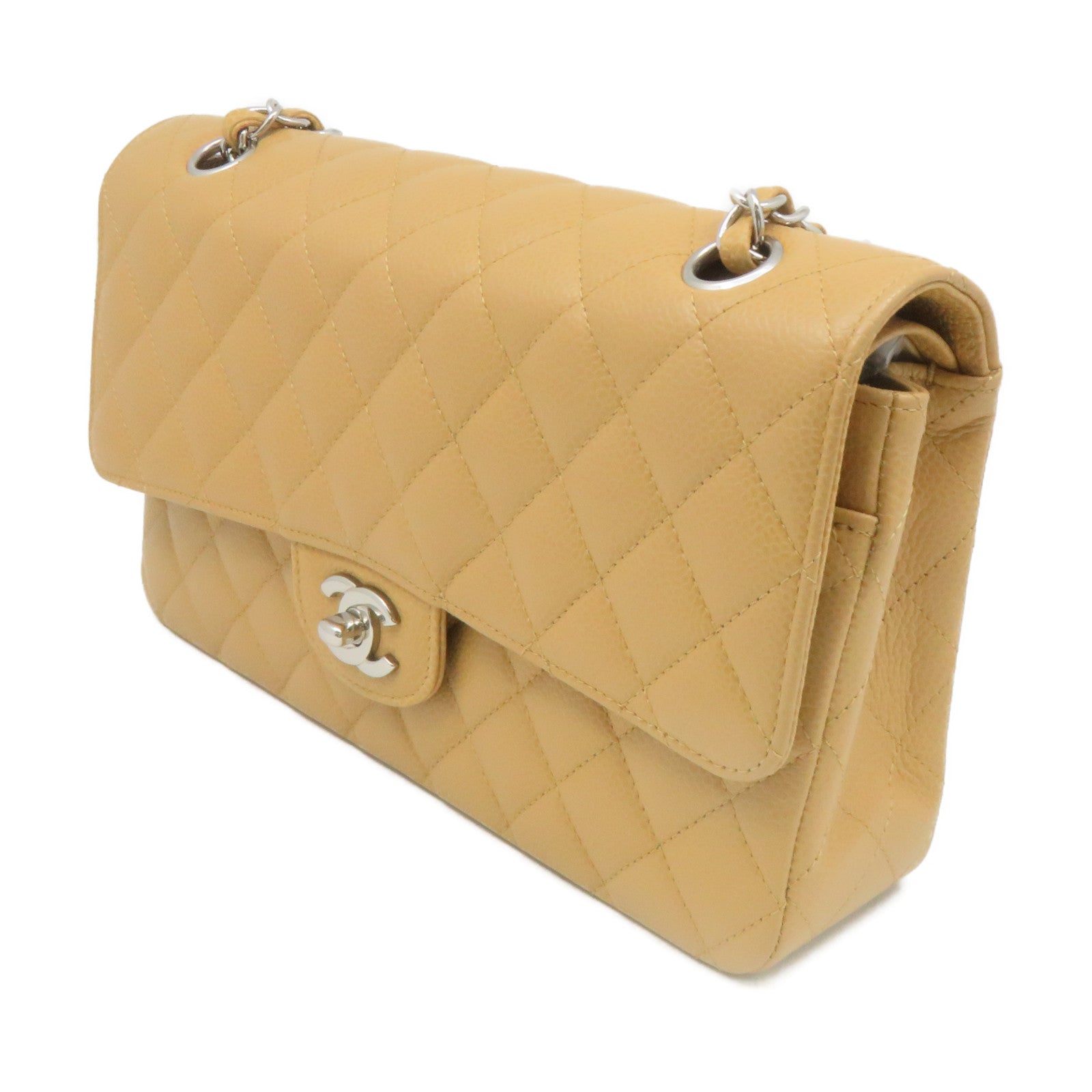 CHANEL Rhombus Caviar Leather Classic Chain Shoulder Bag Silver Buckle Chain Belt Shoulder Bag Light Brown