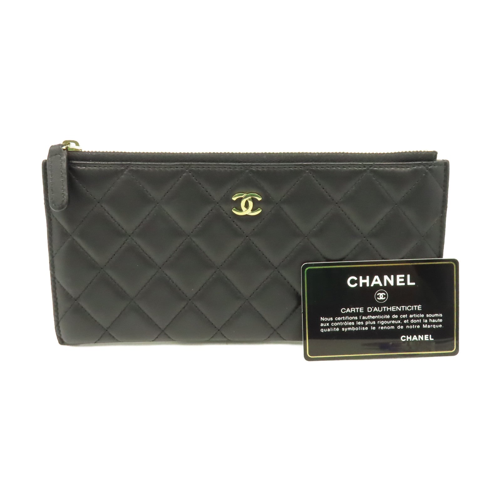 CHANEL 菱格羊皮批皮革Pouch Wallet金扣長錢包黑色