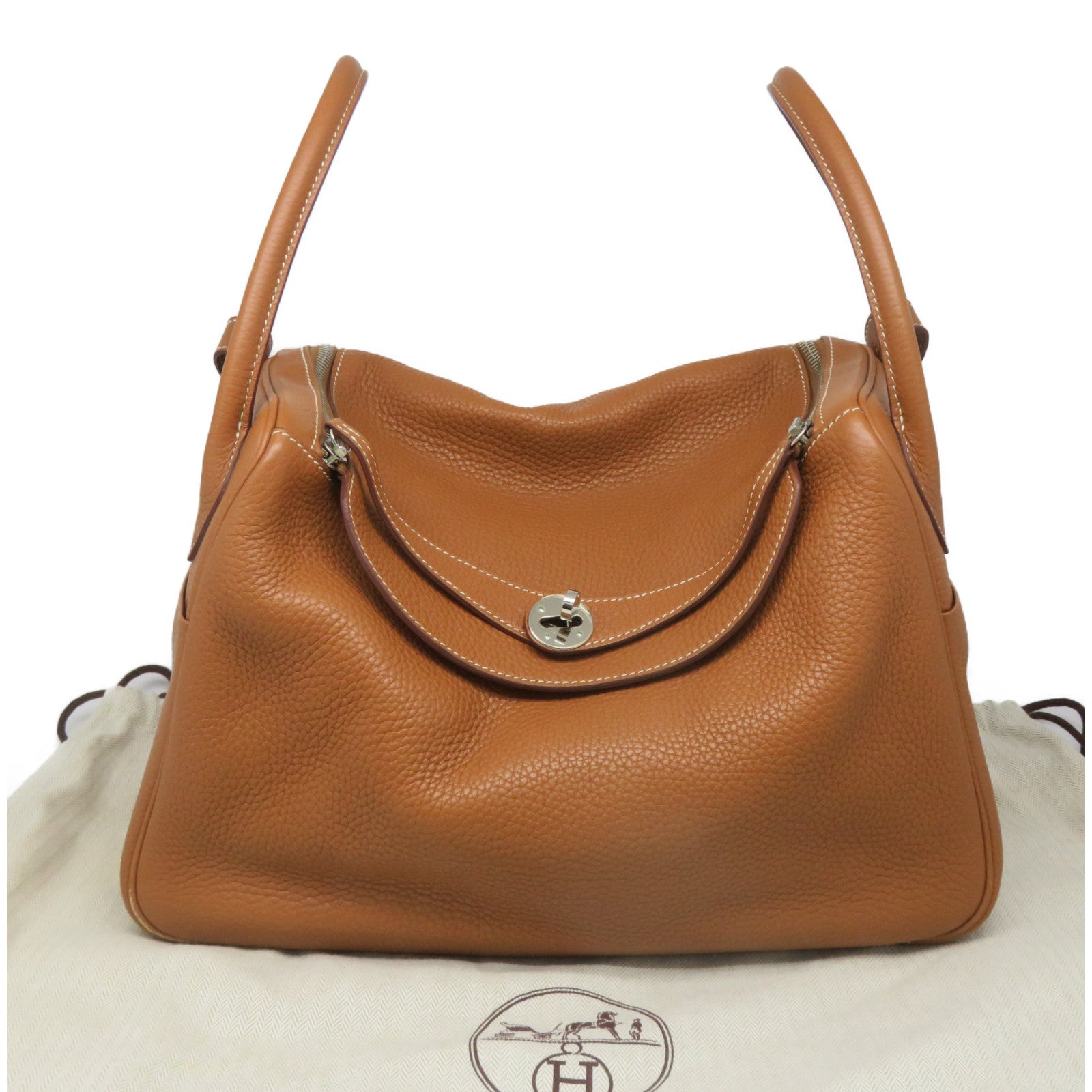 HERMES Clemence皮革Lindy 34銀扣肩背袋Gold金棕色