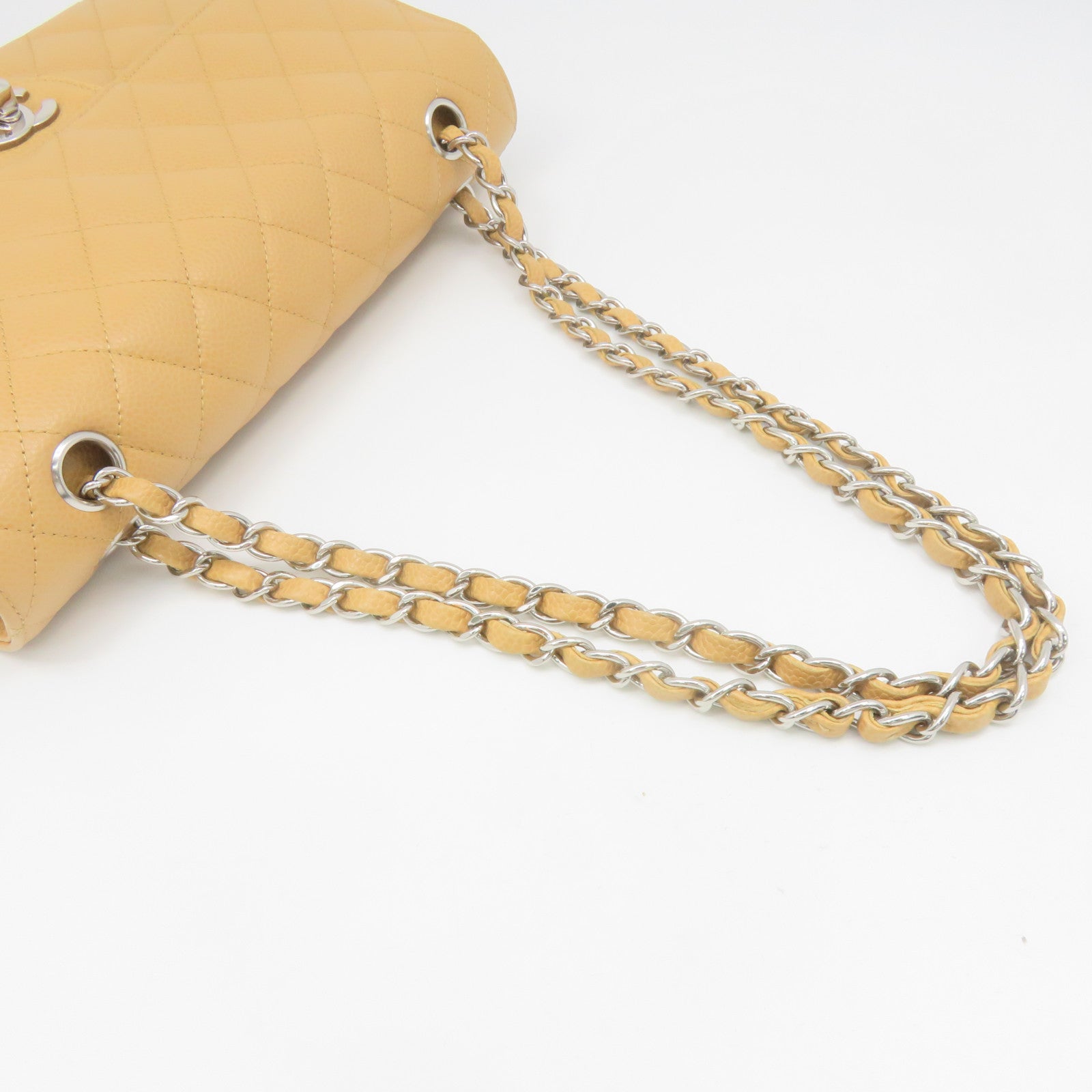 CHANEL Rhombus Caviar Leather Classic Chain Shoulder Bag Silver Buckle Chain Belt Shoulder Bag Light Brown