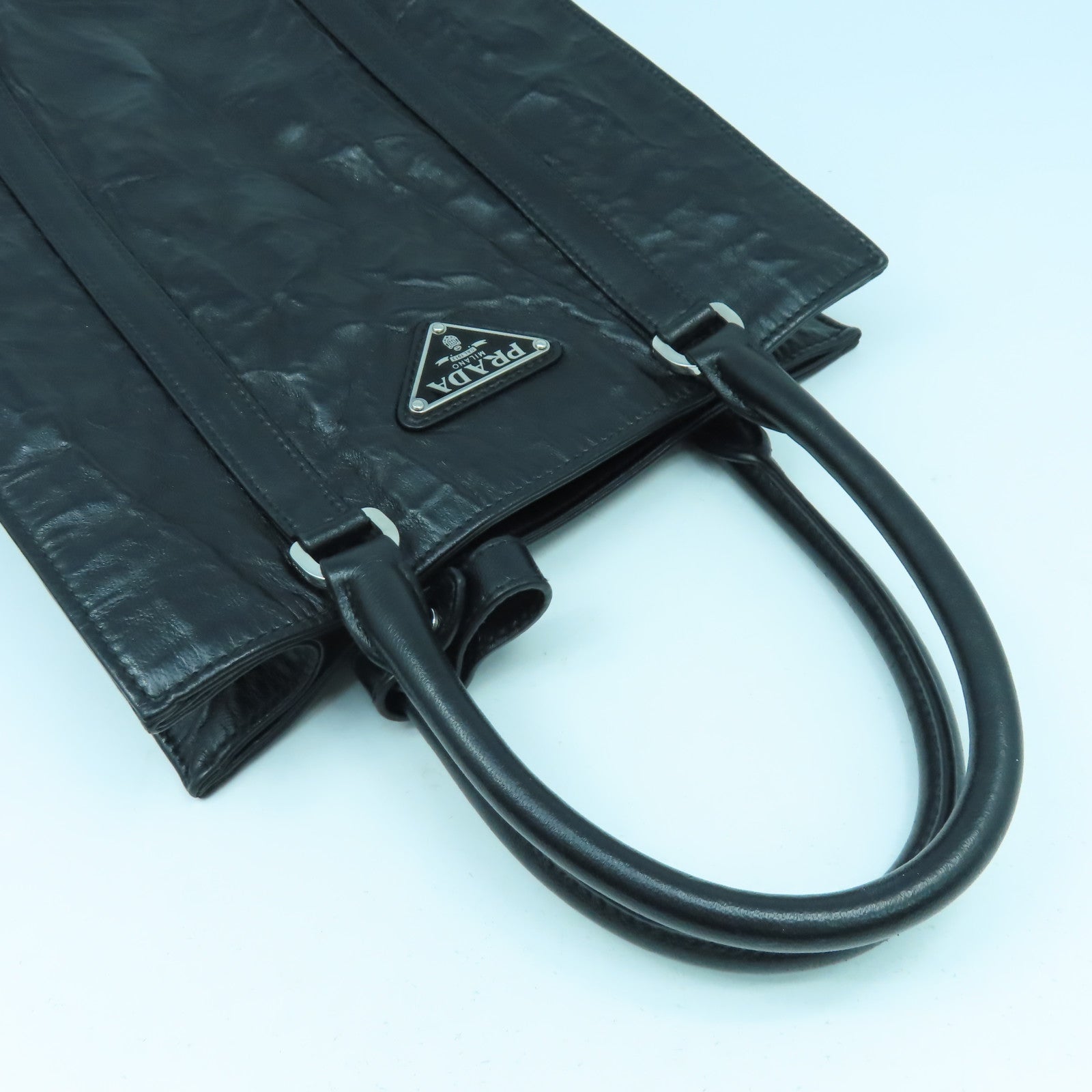 PRADA Nappa皮革Antique Mini Tote銀扣手挽肩背兩用袋黑色