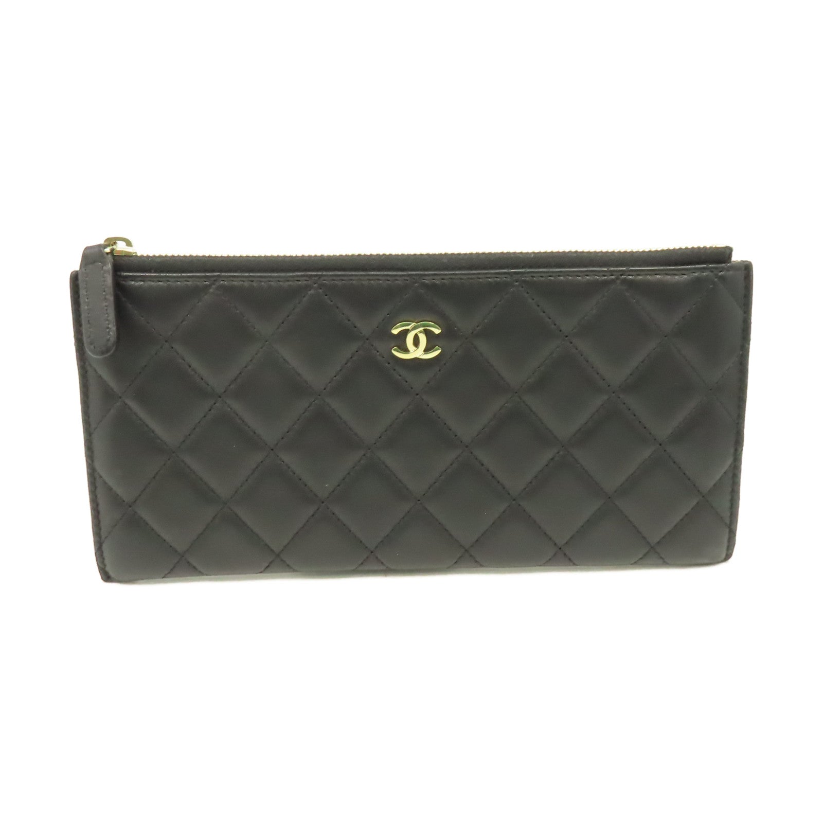 CHANEL 菱格羊皮批皮革Pouch Wallet金扣長錢包黑色