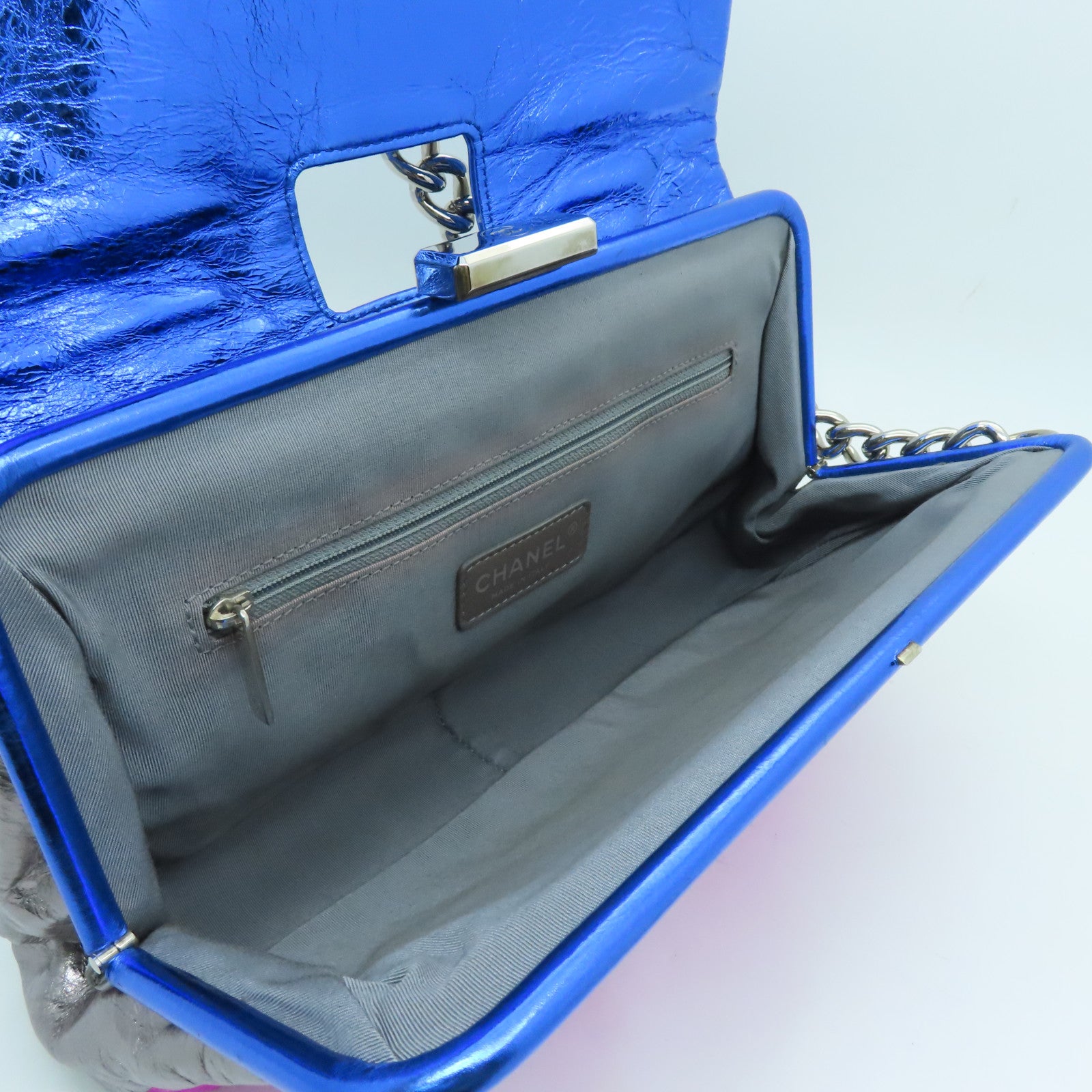 CHANEL 菱格Aged Calf皮革Chain Shoulder Bag銀扣鏈帶肩背袋藍色/粉紅色