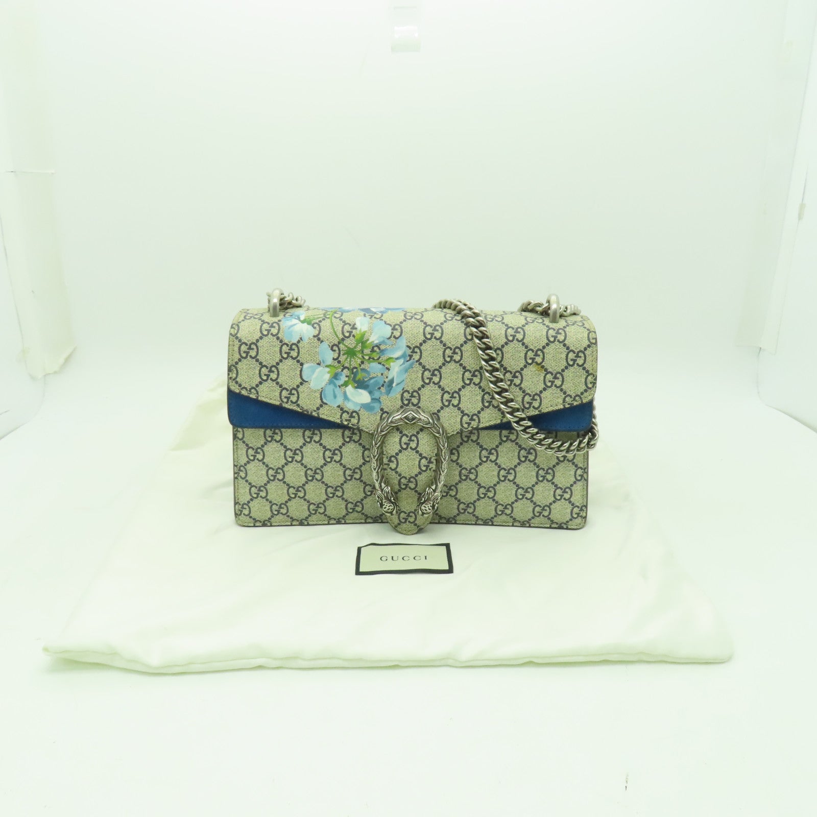 GUCCI 塗層皮革Dionysus Small GG Blooms銀扣鏈帶肩背袋米色/藍色