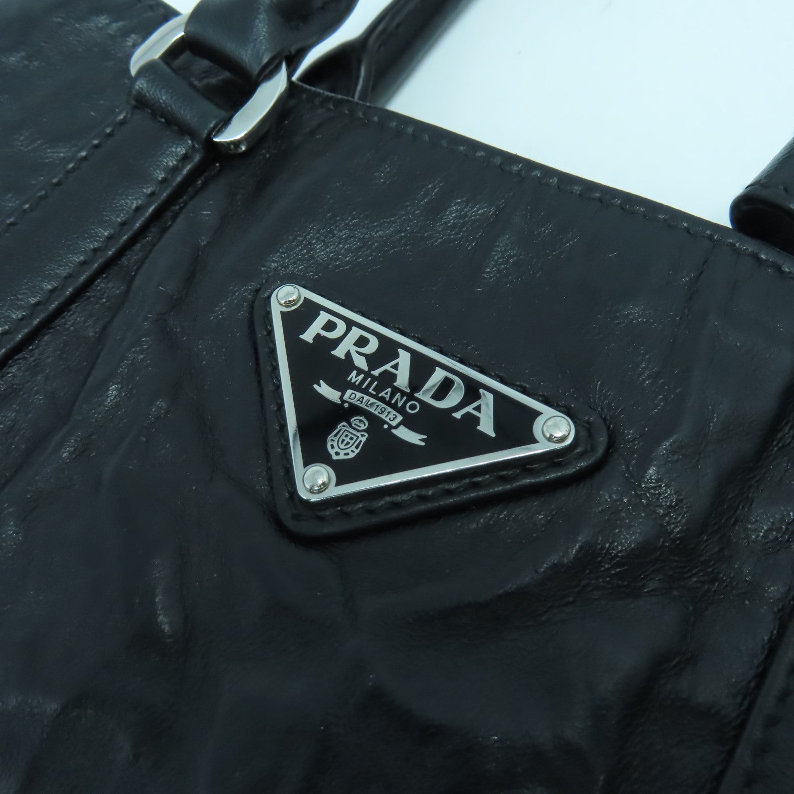 PRADA Nappa皮革Antique Mini Tote銀扣手挽肩背兩用袋黑色