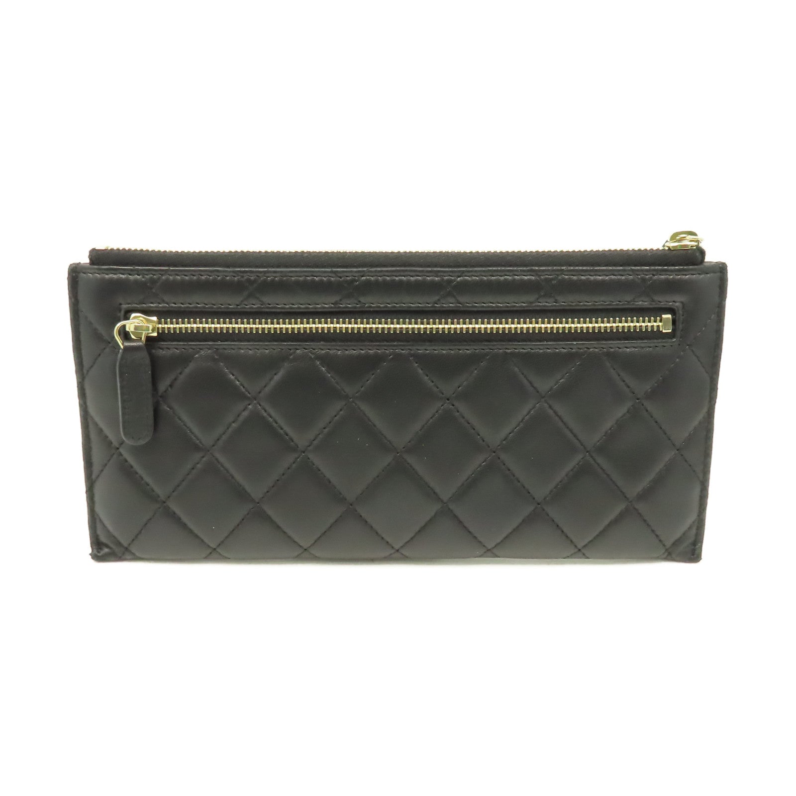 CHANEL 菱格羊皮批皮革Pouch Wallet金扣長錢包黑色