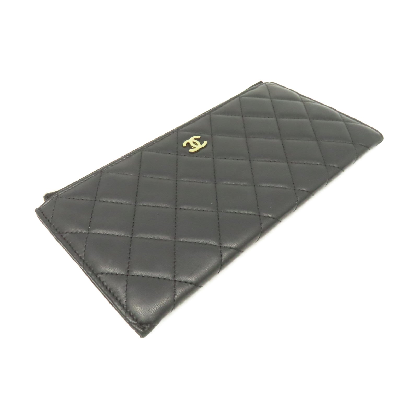 CHANEL 菱格羊皮批皮革Pouch Wallet金扣長錢包黑色