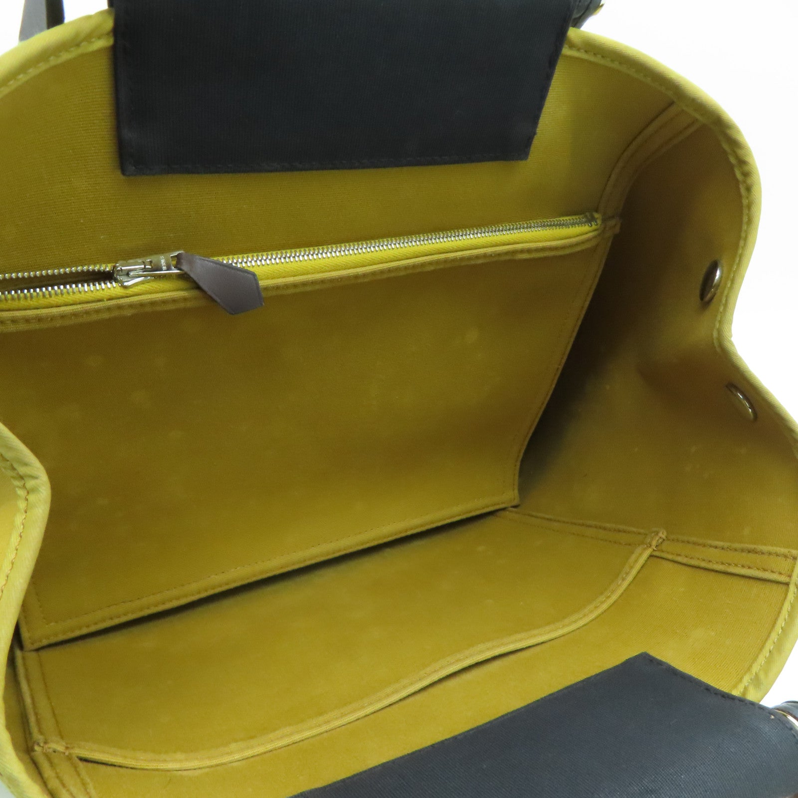 HERMES Canvas Cabag Silver Buckle Handle Shoulder Bag Black/Mustard