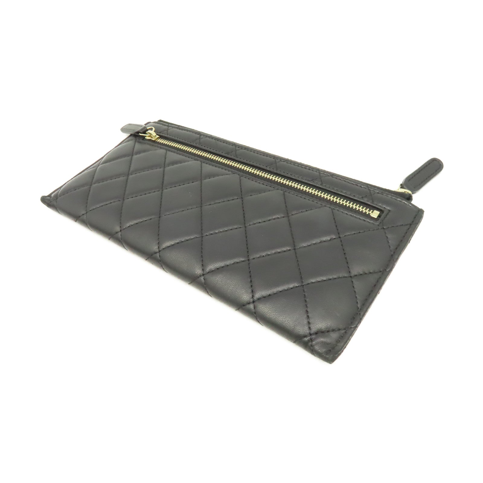 CHANEL 菱格羊皮批皮革Pouch Wallet金扣長錢包黑色