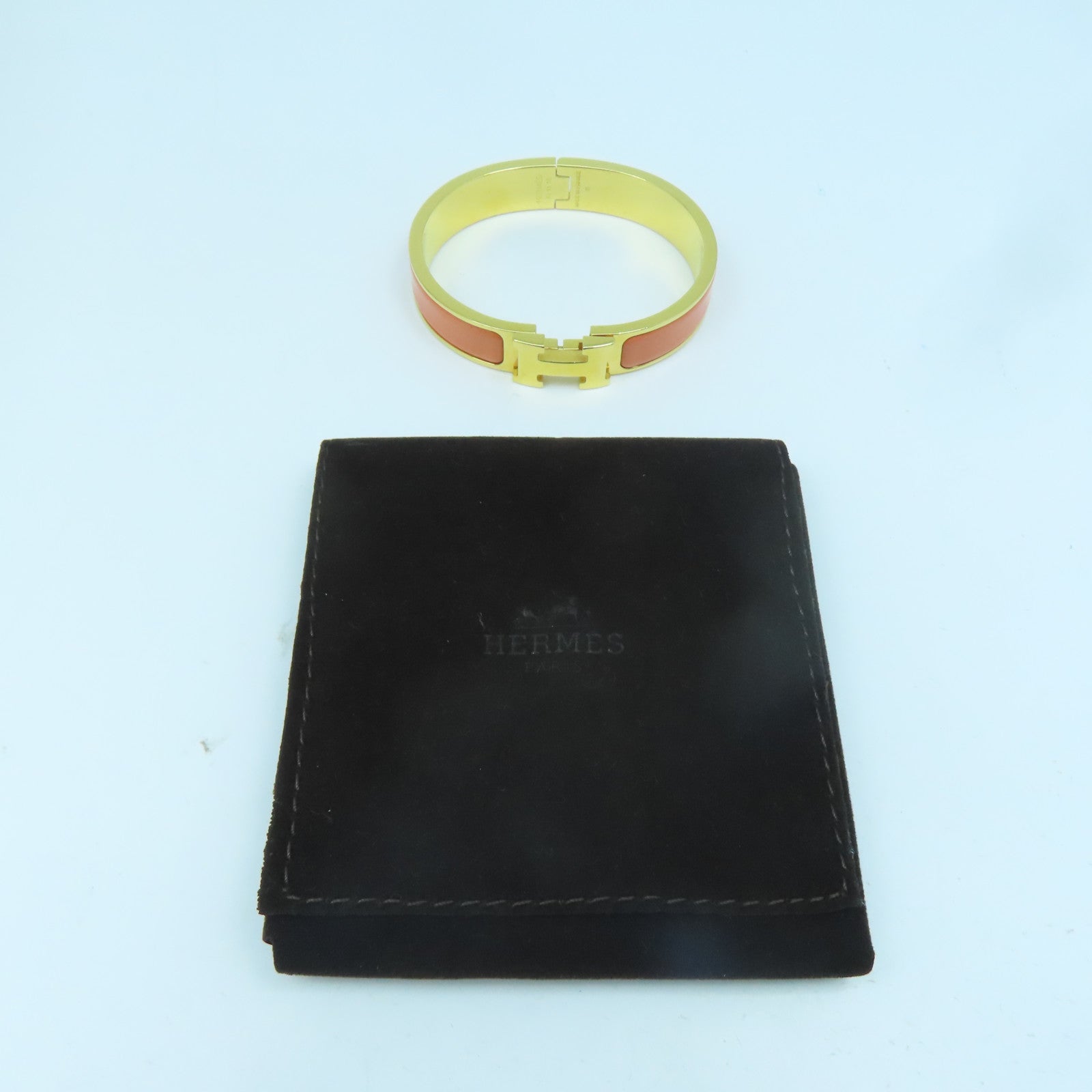 HERMES 金屬/琺瑯H Bangle金扣手鐲橙色/金色