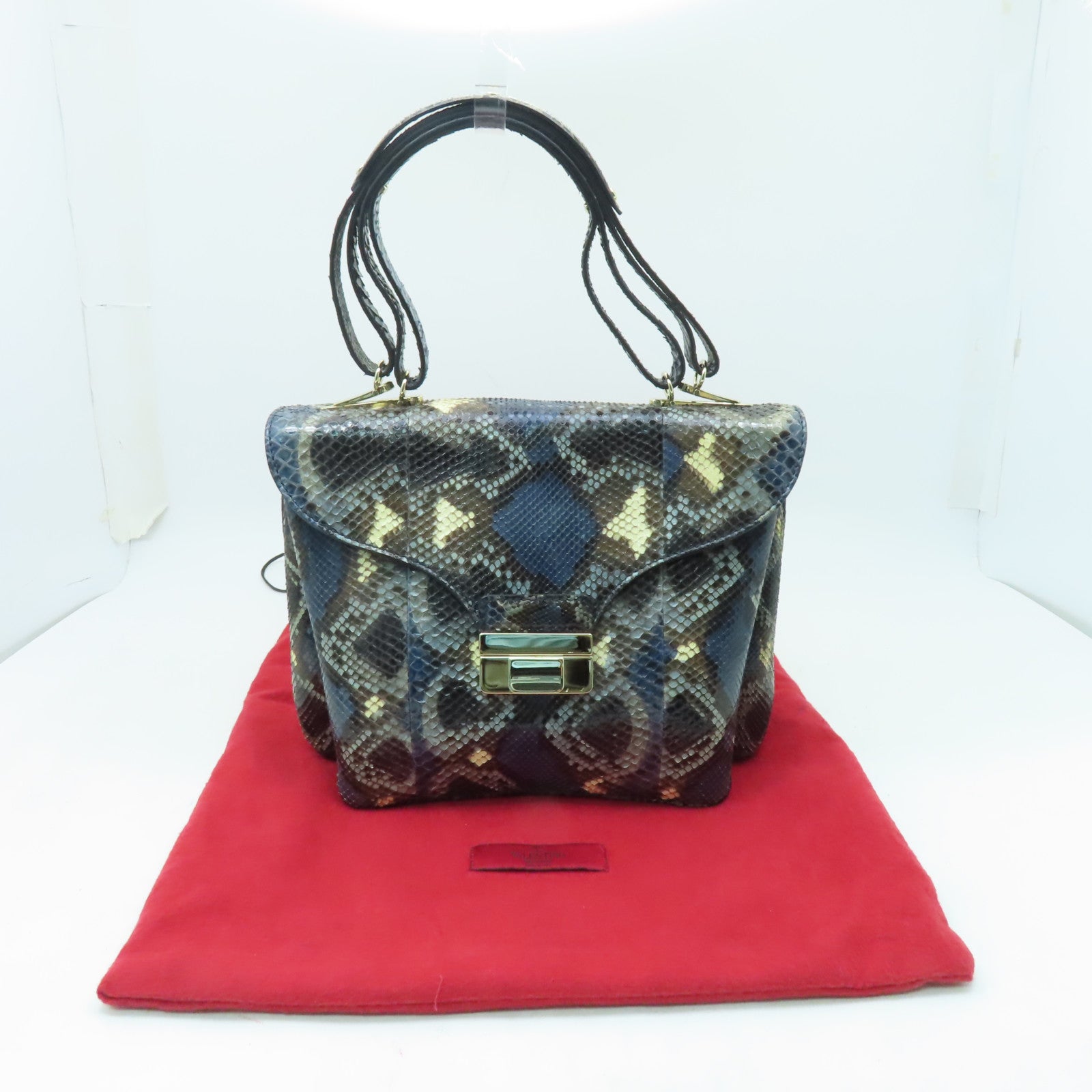 Valentino 蛇皮皮革Handbag金扣手挽袋藍色/黒色