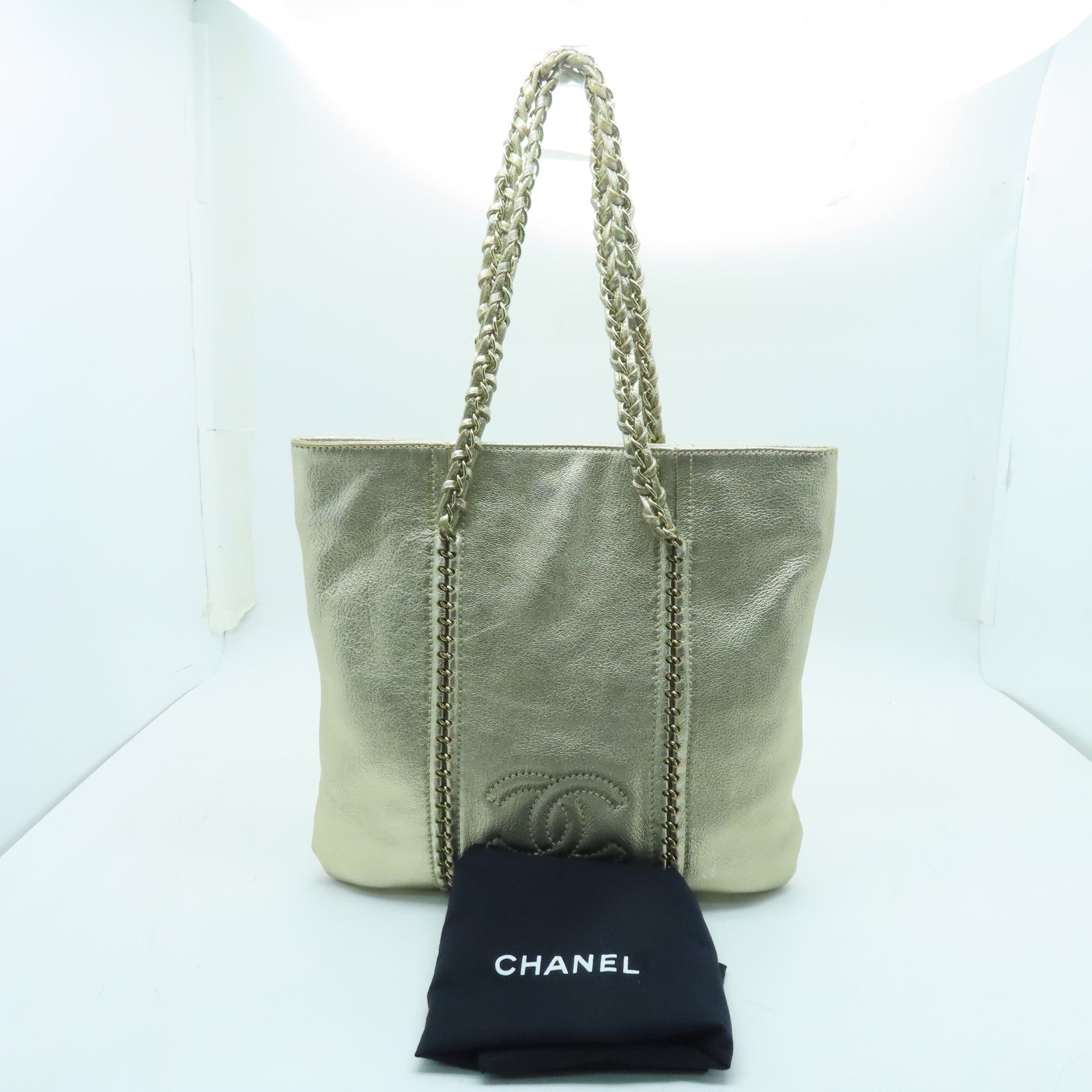 CHANEL 牛皮皮革Chain Shoulder Bag金扣鏈帶肩背袋金色