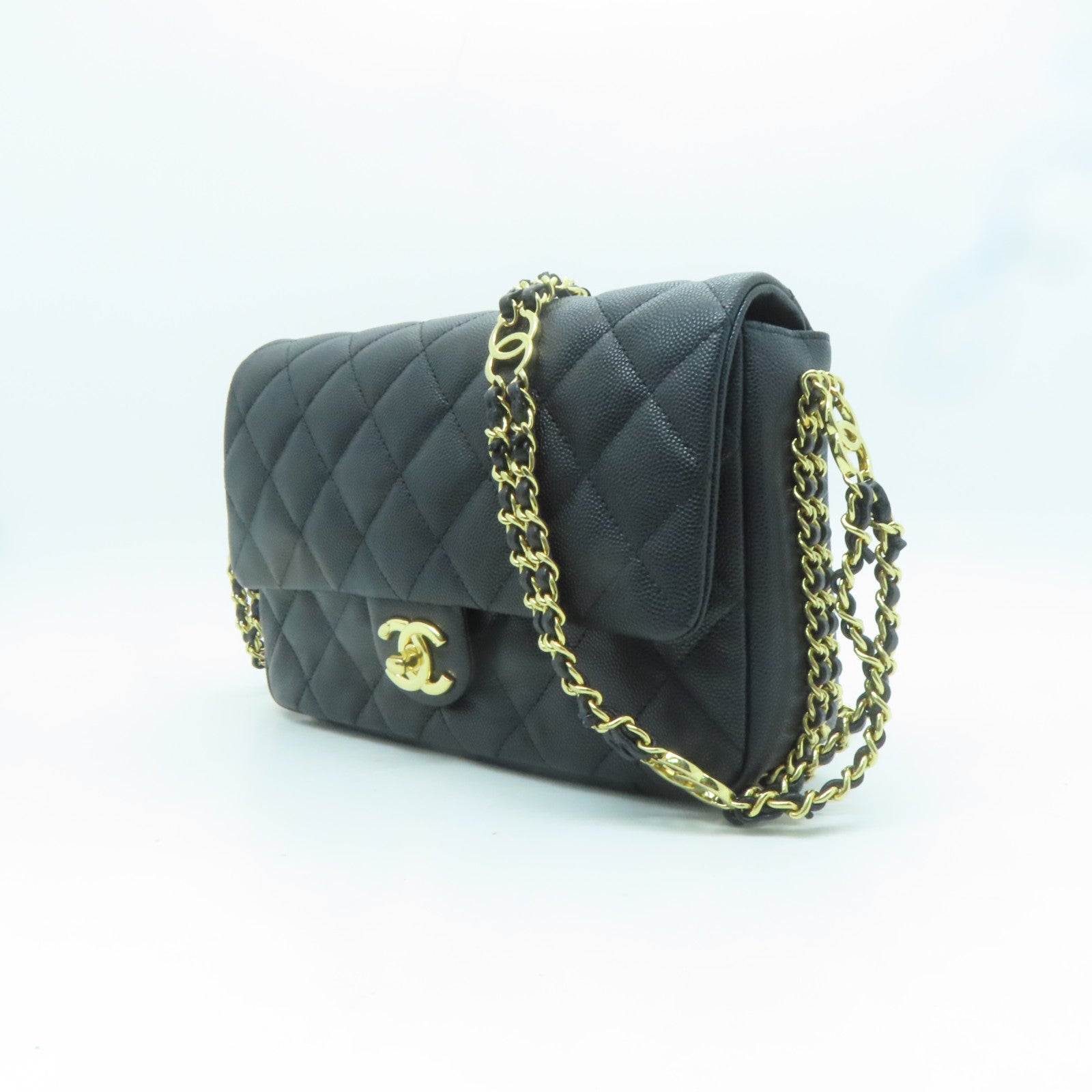 CHANEL 菱格Caviar皮革Chain Shoulder金扣肩背袋黑色