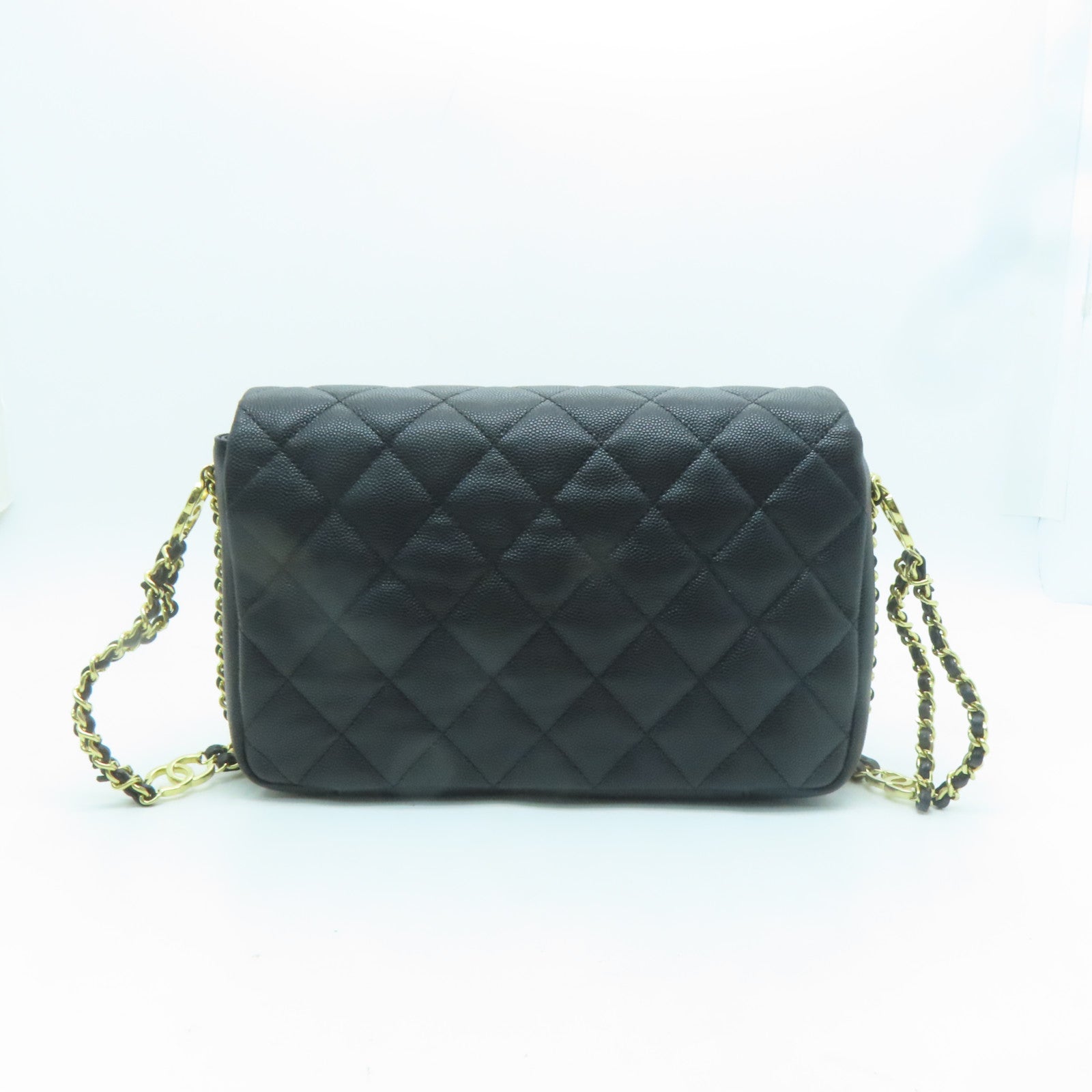 CHANEL 菱格Caviar皮革Chain Shoulder金扣肩背袋黑色