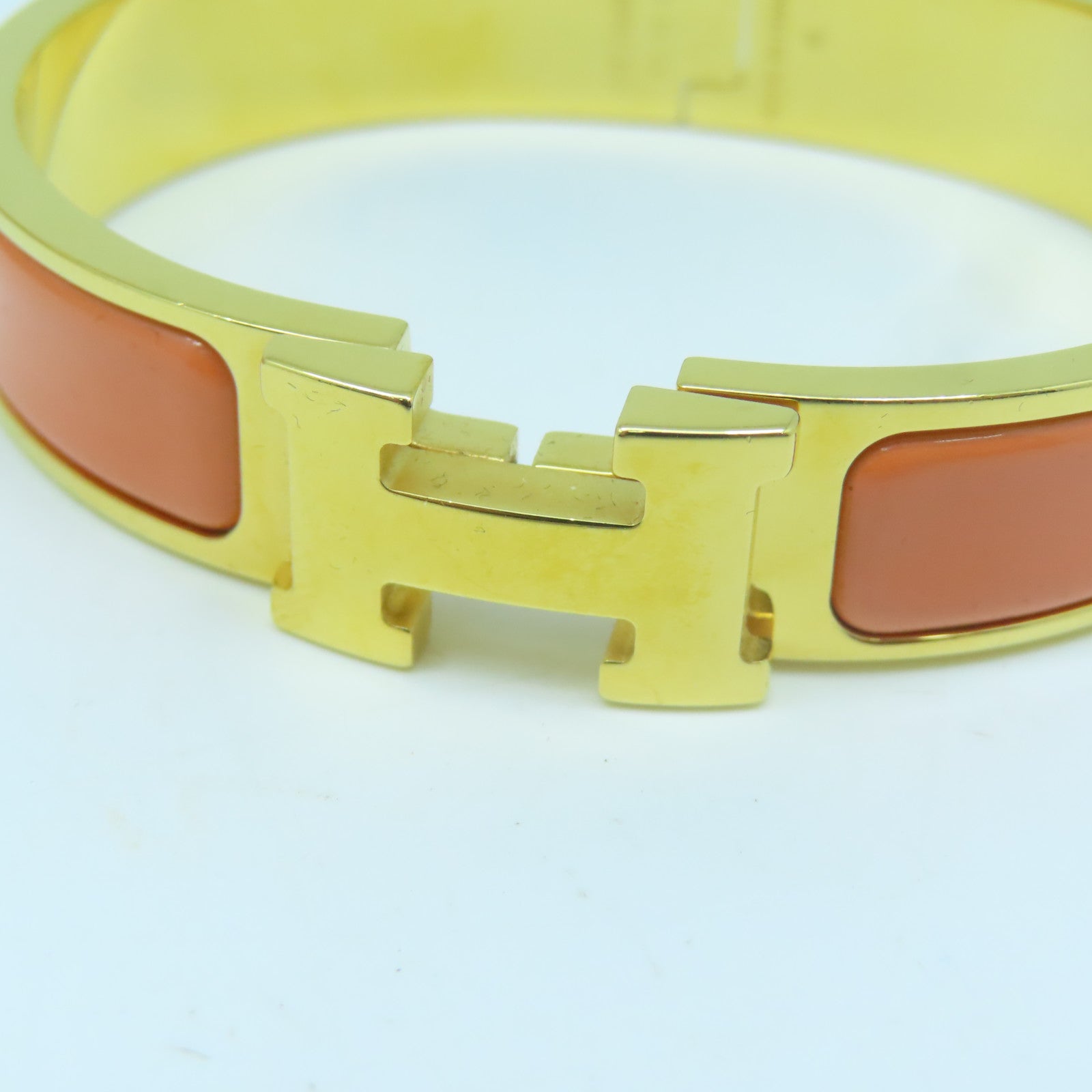 HERMES 金屬/琺瑯H Bangle金扣手鐲橙色/金色