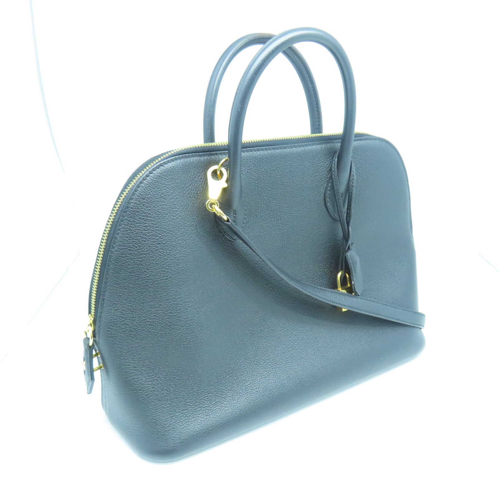HERMES Goatskin Leather Bolide 1923 Gold Buckle Handle Shoulder Bag Black