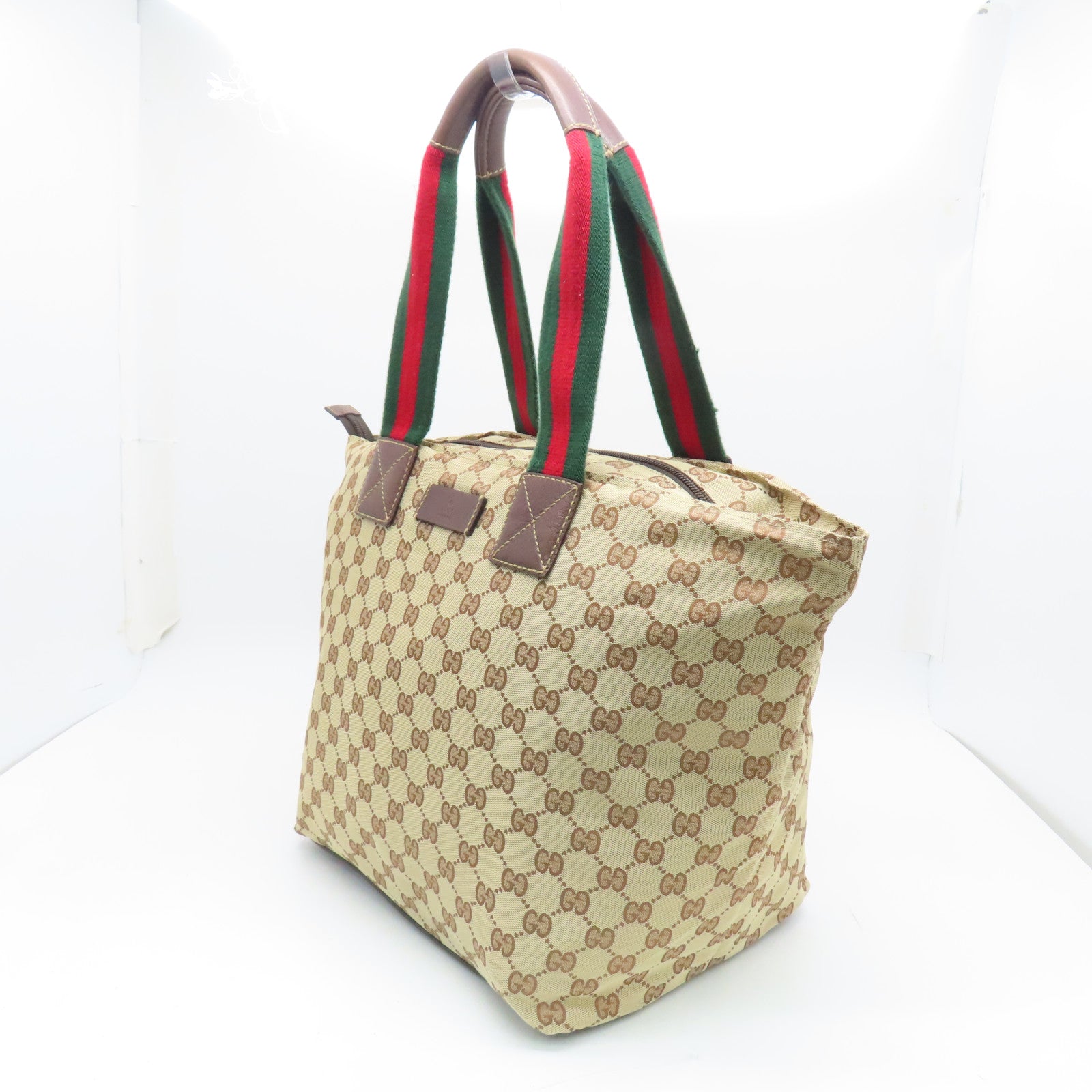 GUCCI Canvas Shoulder Bag Silver Buckle Brown/Beige