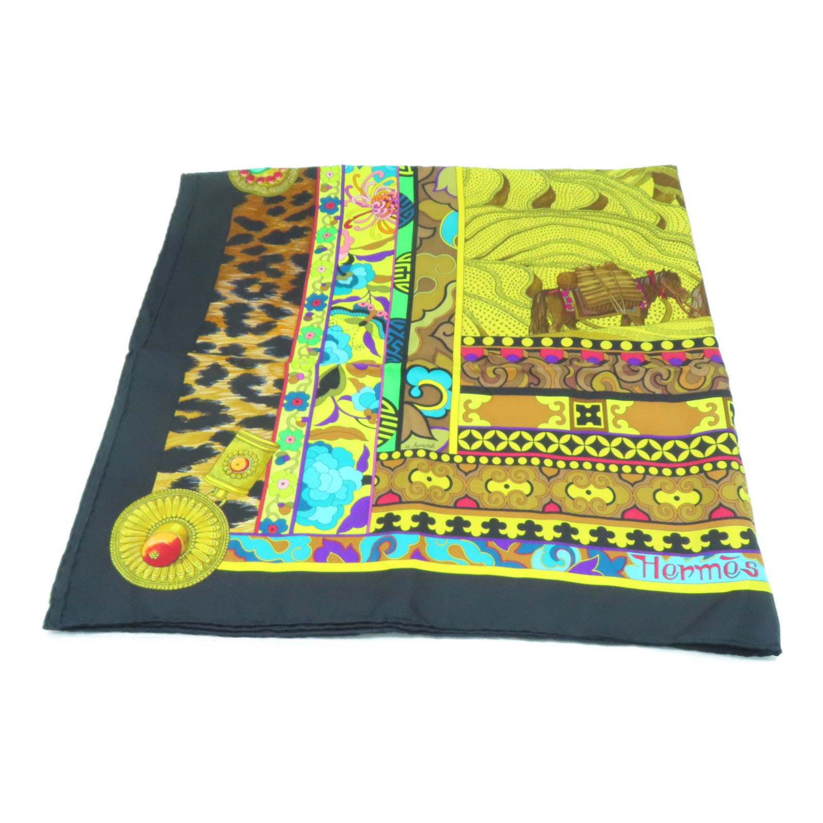 HERMES 丝质Scarf 90x90丝巾黑色黄色彩色