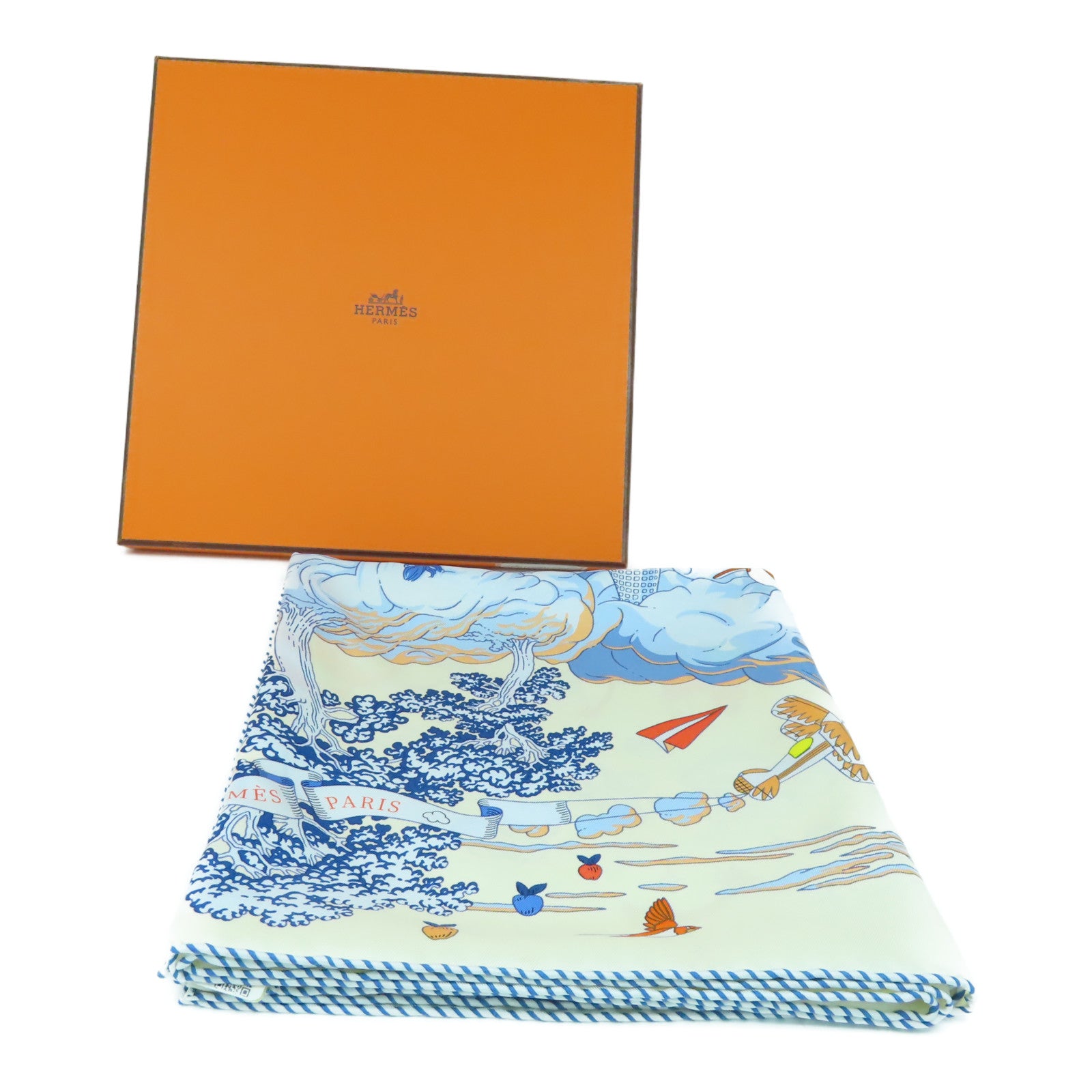 HERMES 絲質Scarf 90x90絲巾米色/藍色