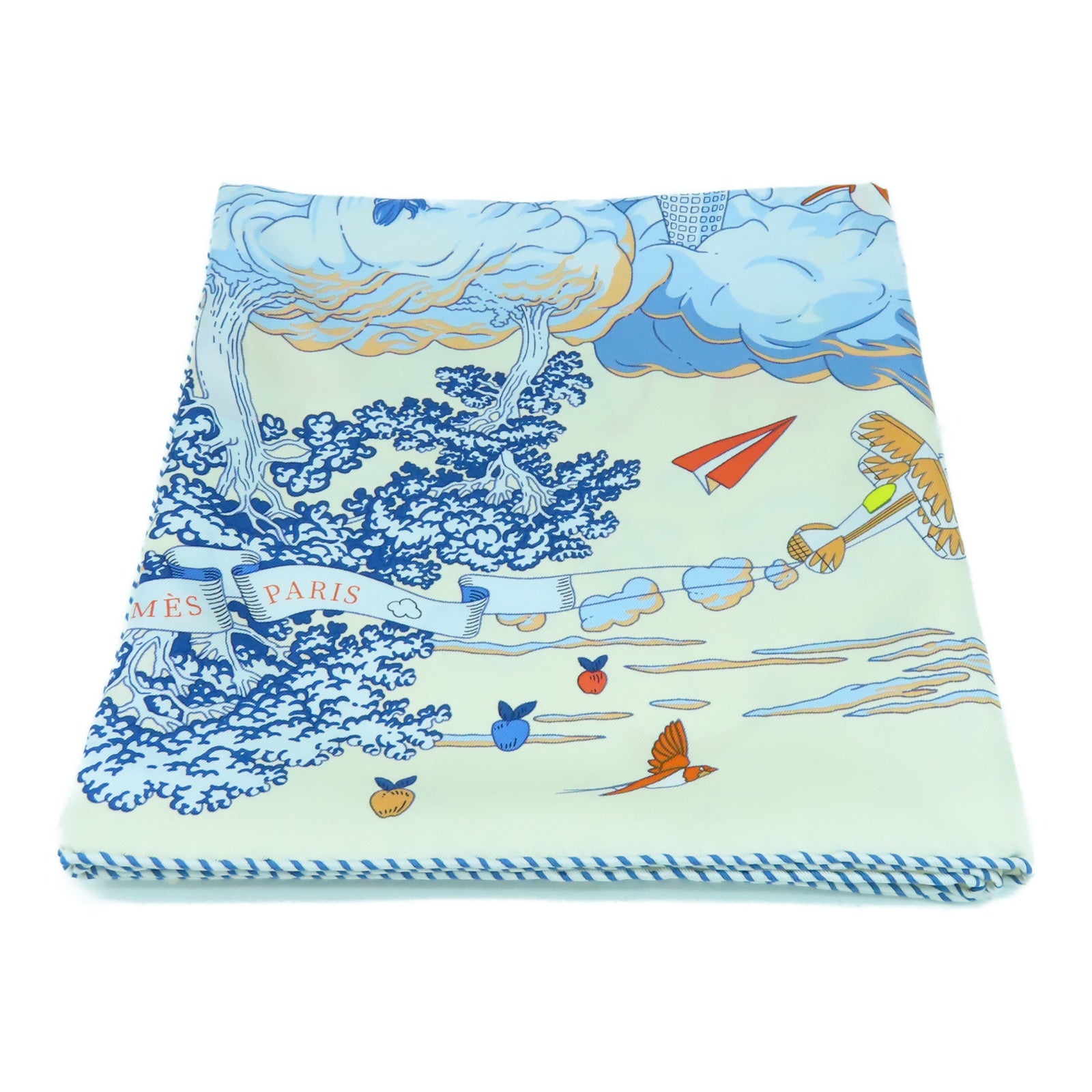 HERMES 絲質Scarf 90x90絲巾米色/藍色