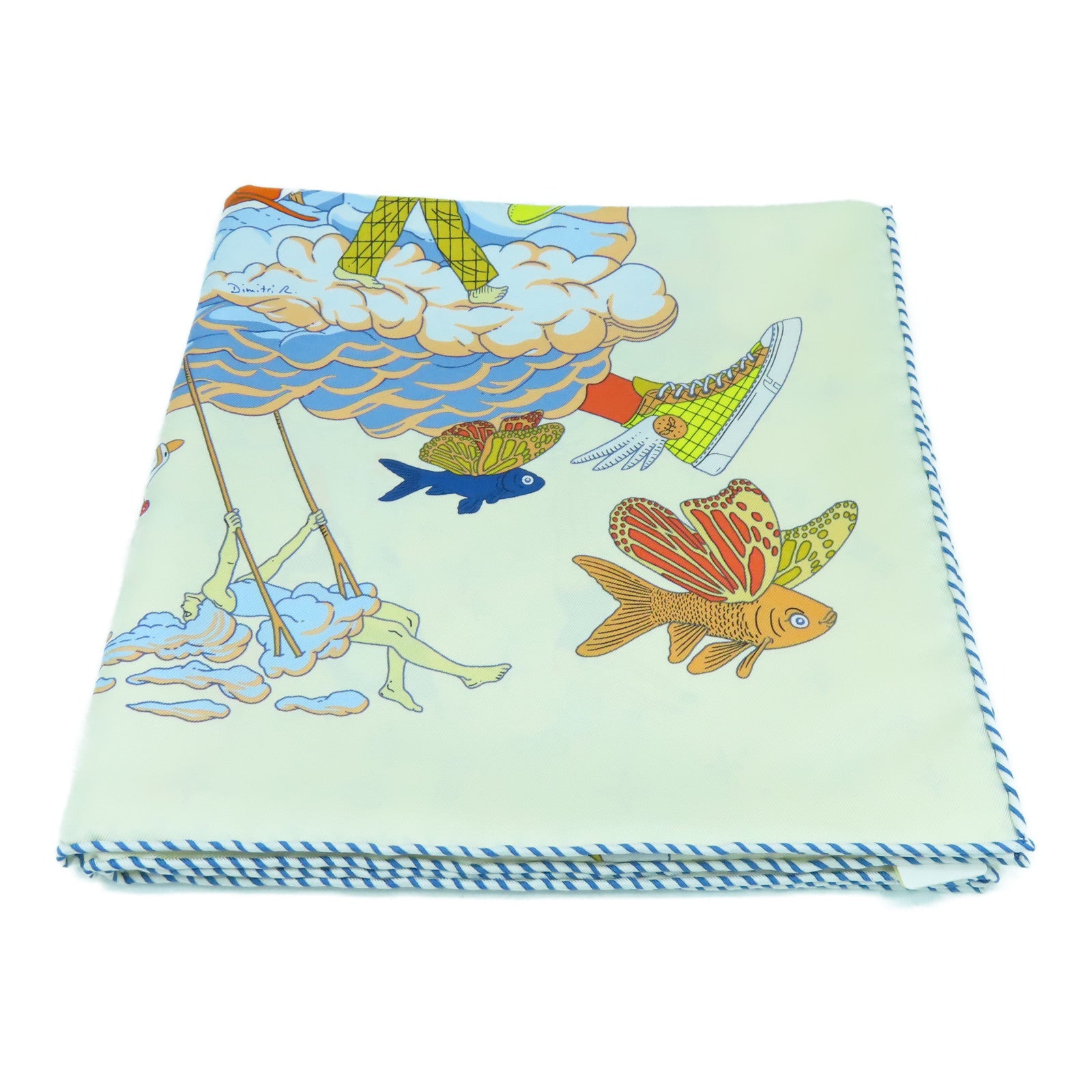 HERMES 絲質Scarf 90x90絲巾米色/藍色