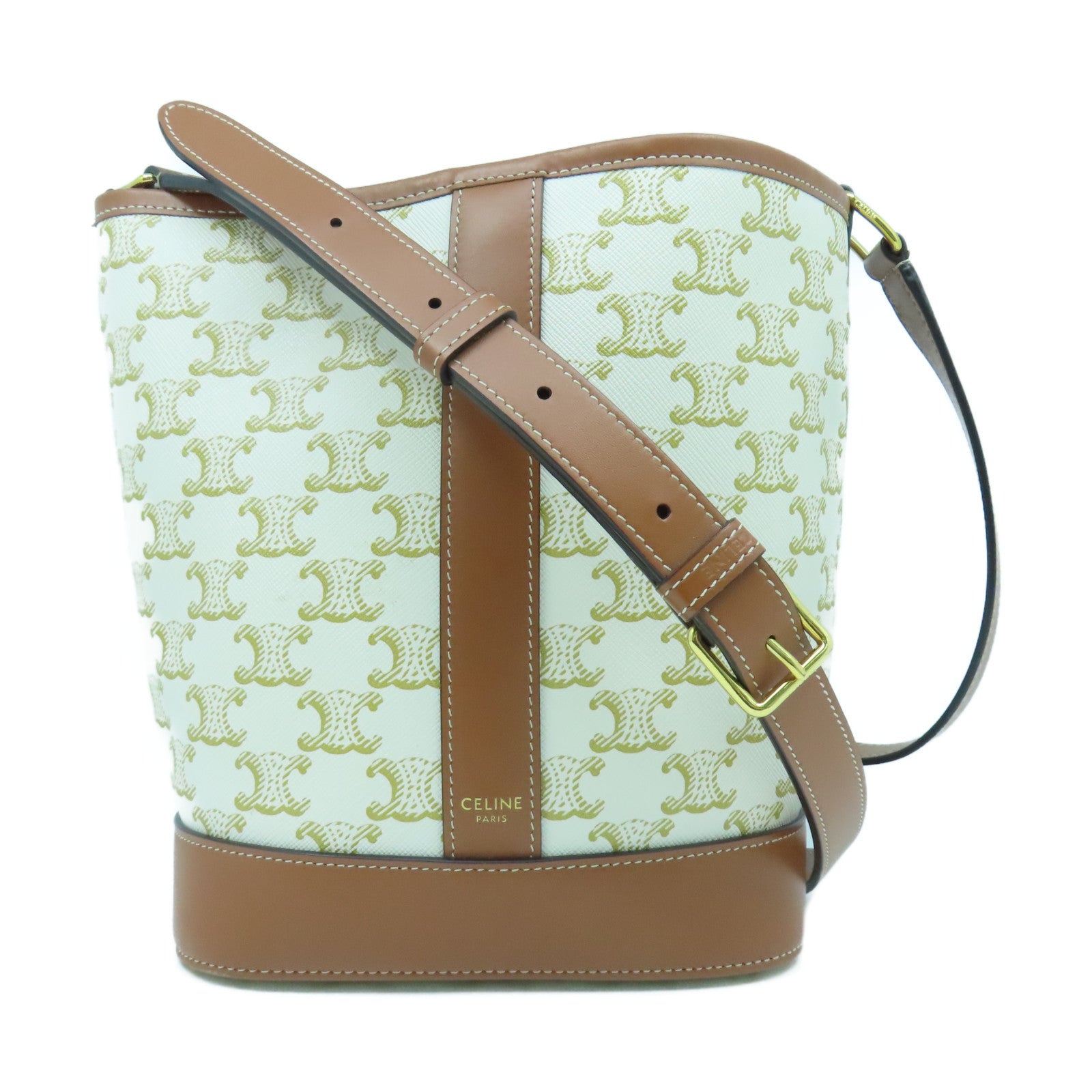 CELINE 塗層帆布Bucket Cuir Triomphe金扣肩背袋米色/啡色