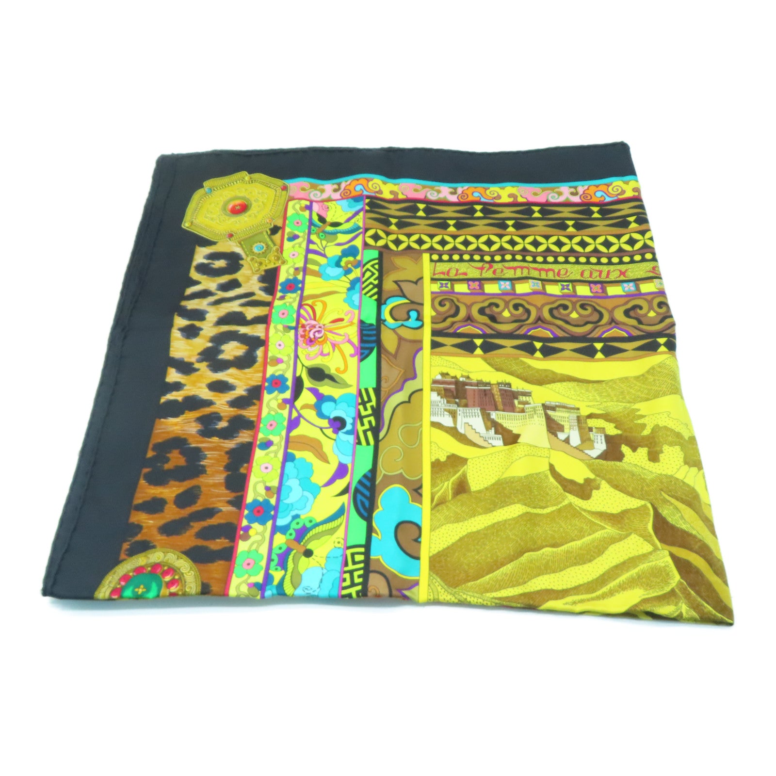 HERMES 丝质Scarf 90x90丝巾黑色黄色彩色
