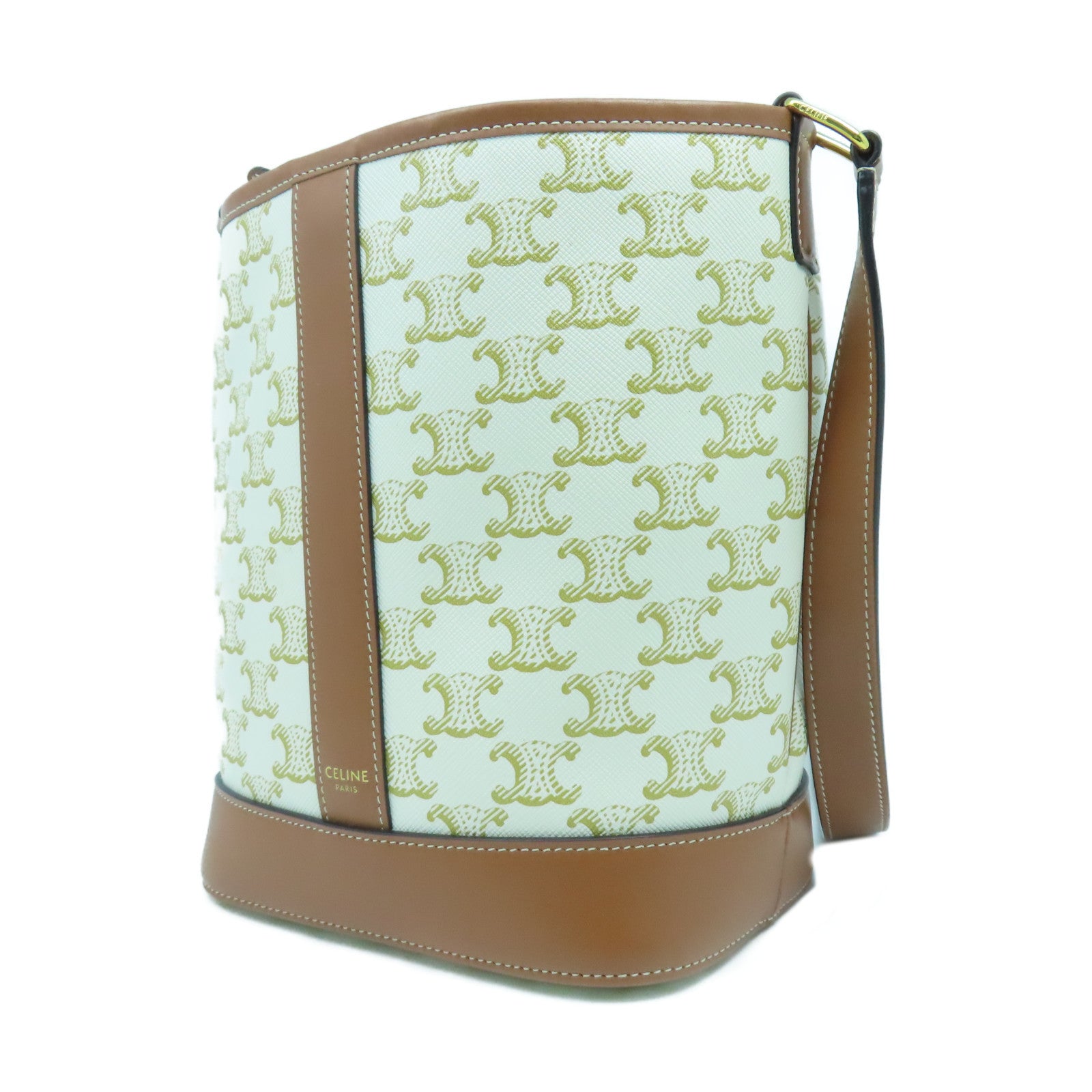 CELINE 塗層帆布Bucket Cuir Triomphe金扣肩背袋米色/啡色