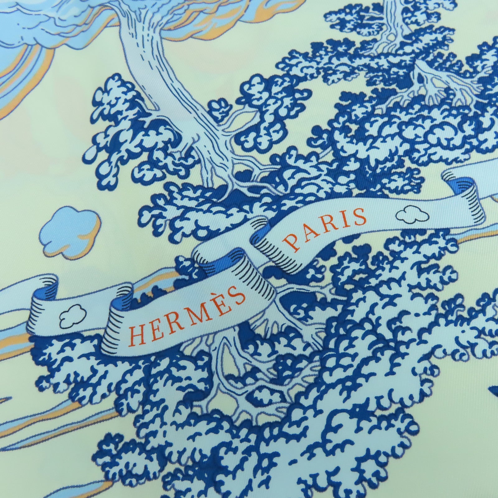 HERMES 絲質Scarf 90x90絲巾米色/藍色