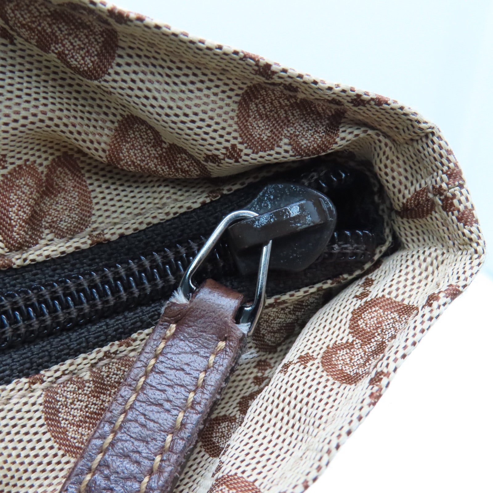 GUCCI Canvas Shoulder Bag Silver Buckle Brown/Beige