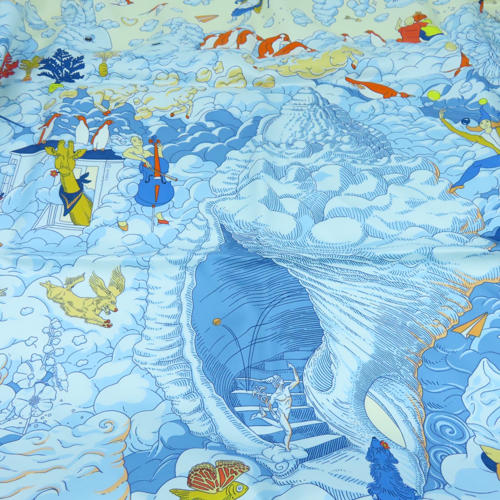 HERMES 絲質Scarf 90x90絲巾米色/藍色