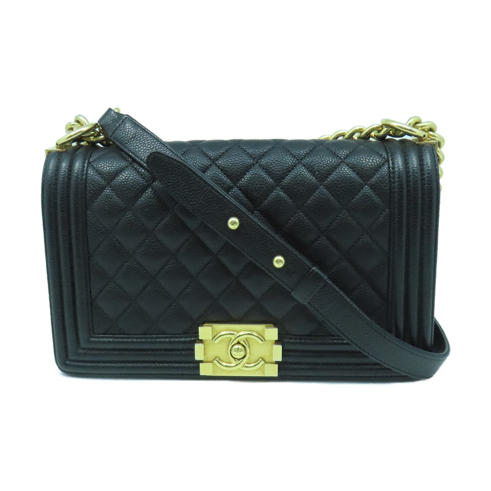 CHANEL 菱格Caviar皮革Boy Chain Shoulder金扣鏈帶肩背袋黑色