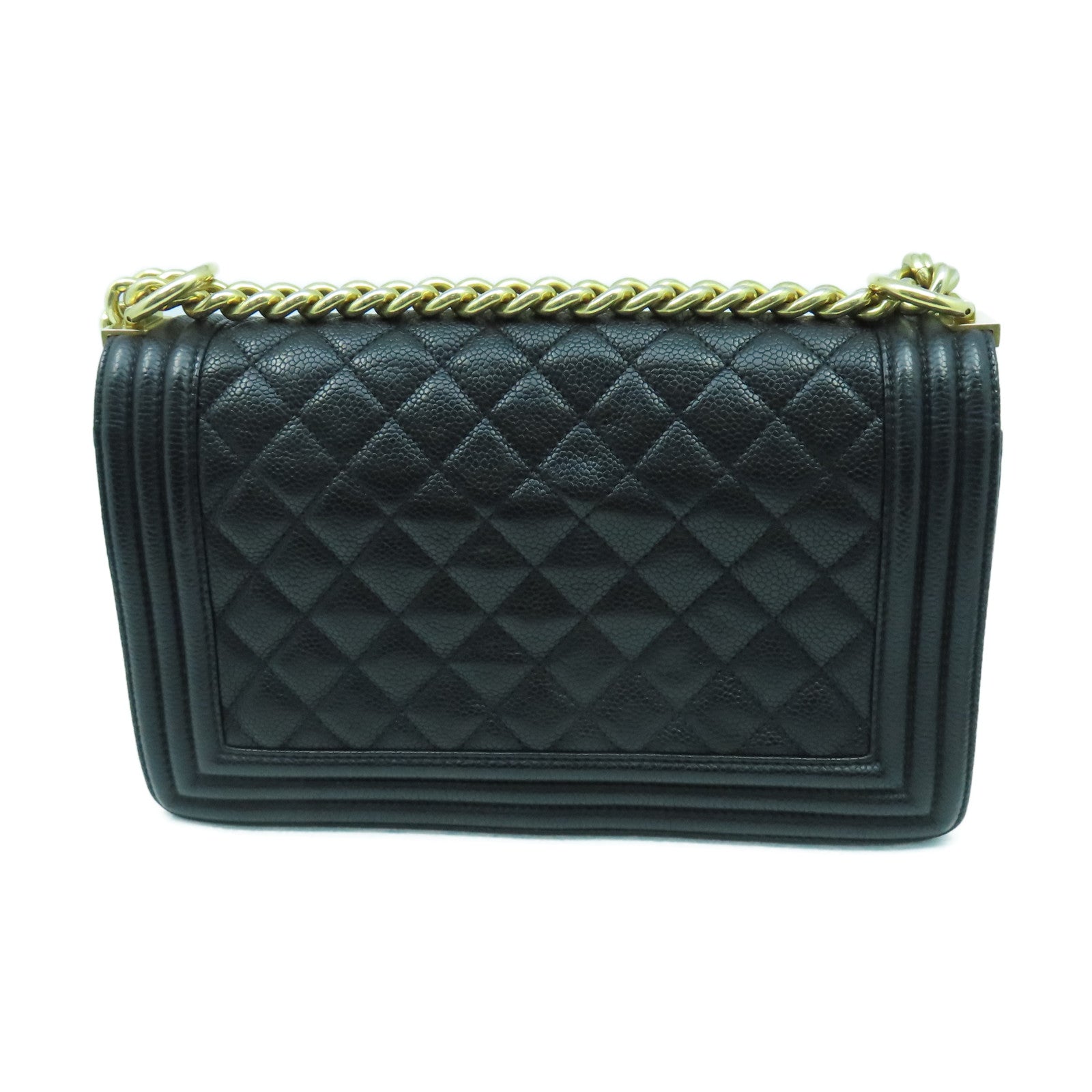 CHANEL 菱格Caviar皮革Boy Chain Shoulder金扣鏈帶肩背袋黑色