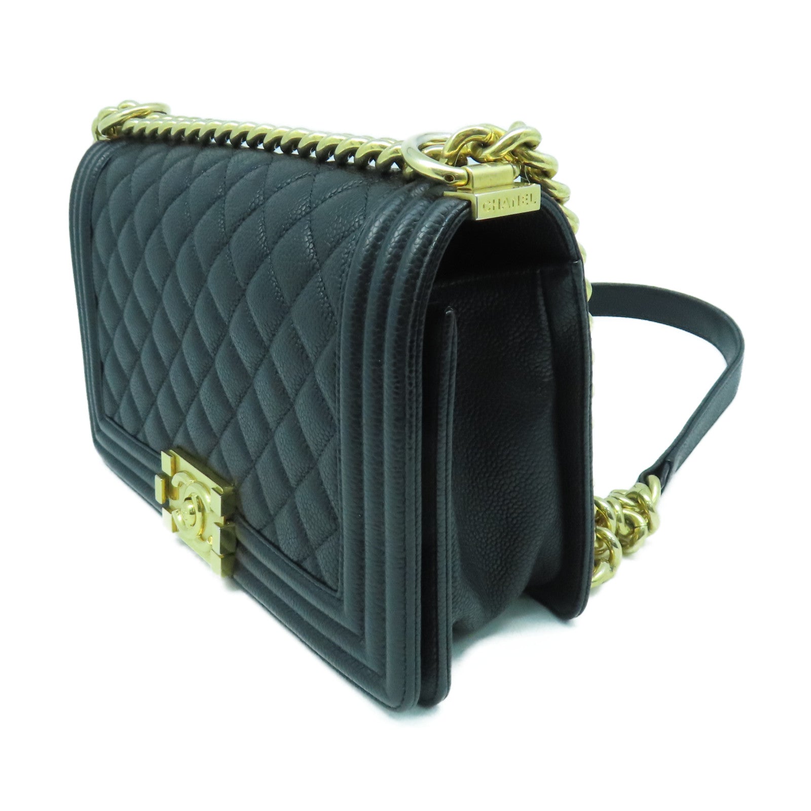 CHANEL 菱格Caviar皮革Boy Chain Shoulder金扣鏈帶肩背袋黑色