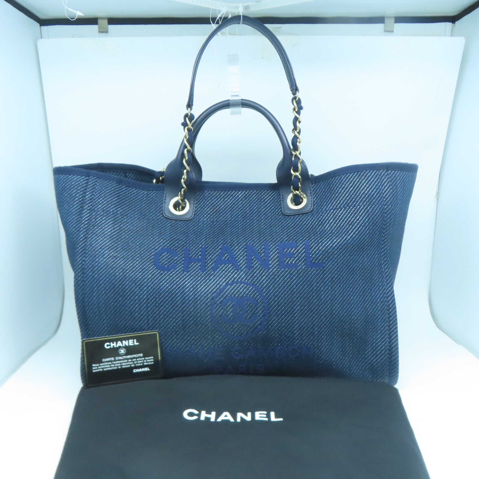 CHANEL 帆布/牛皮皮革Deauville Tote銀扣手挽肩背兩用袋深藍色