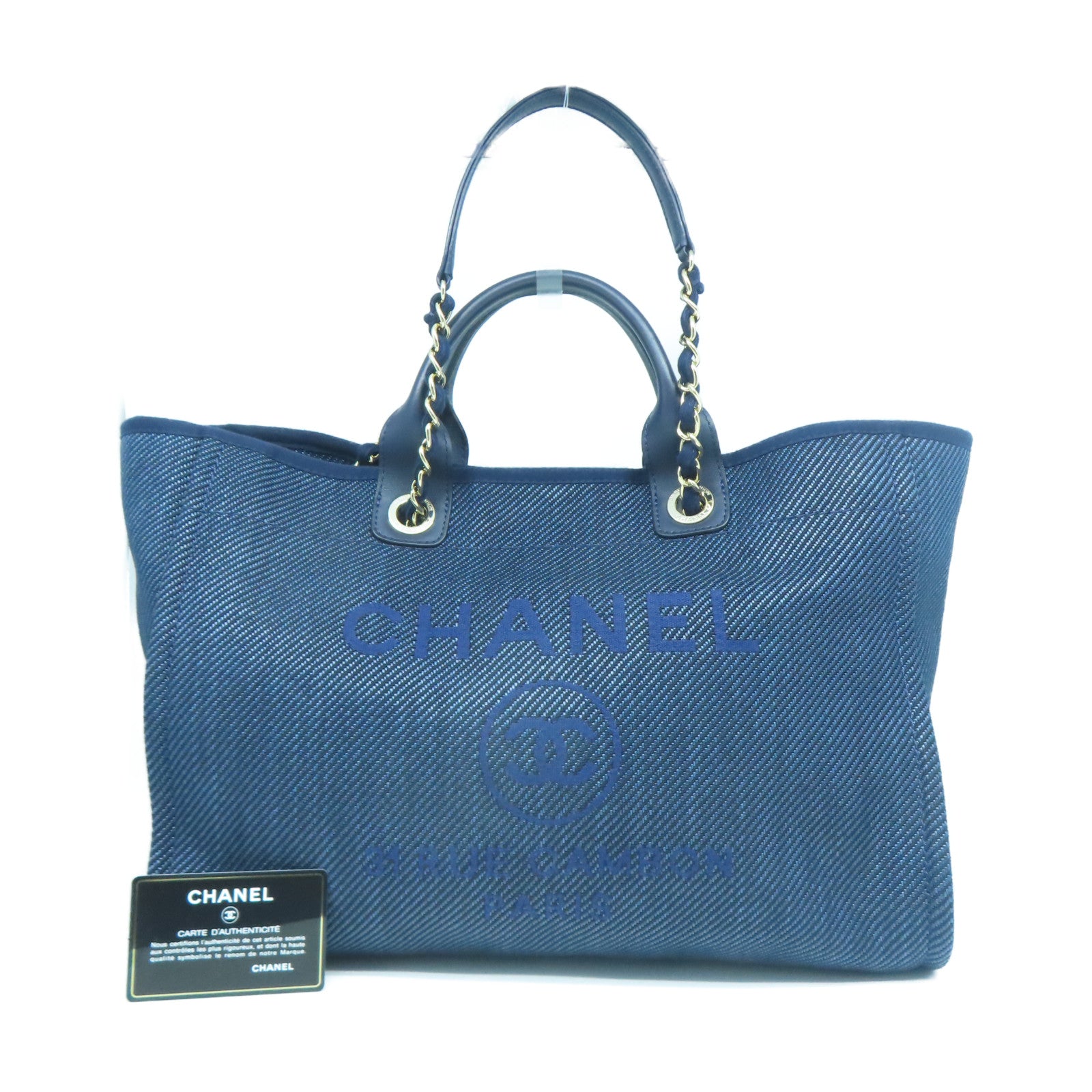 CHANEL 帆布/牛皮皮革Deauville Tote銀扣手挽肩背兩用袋深藍色