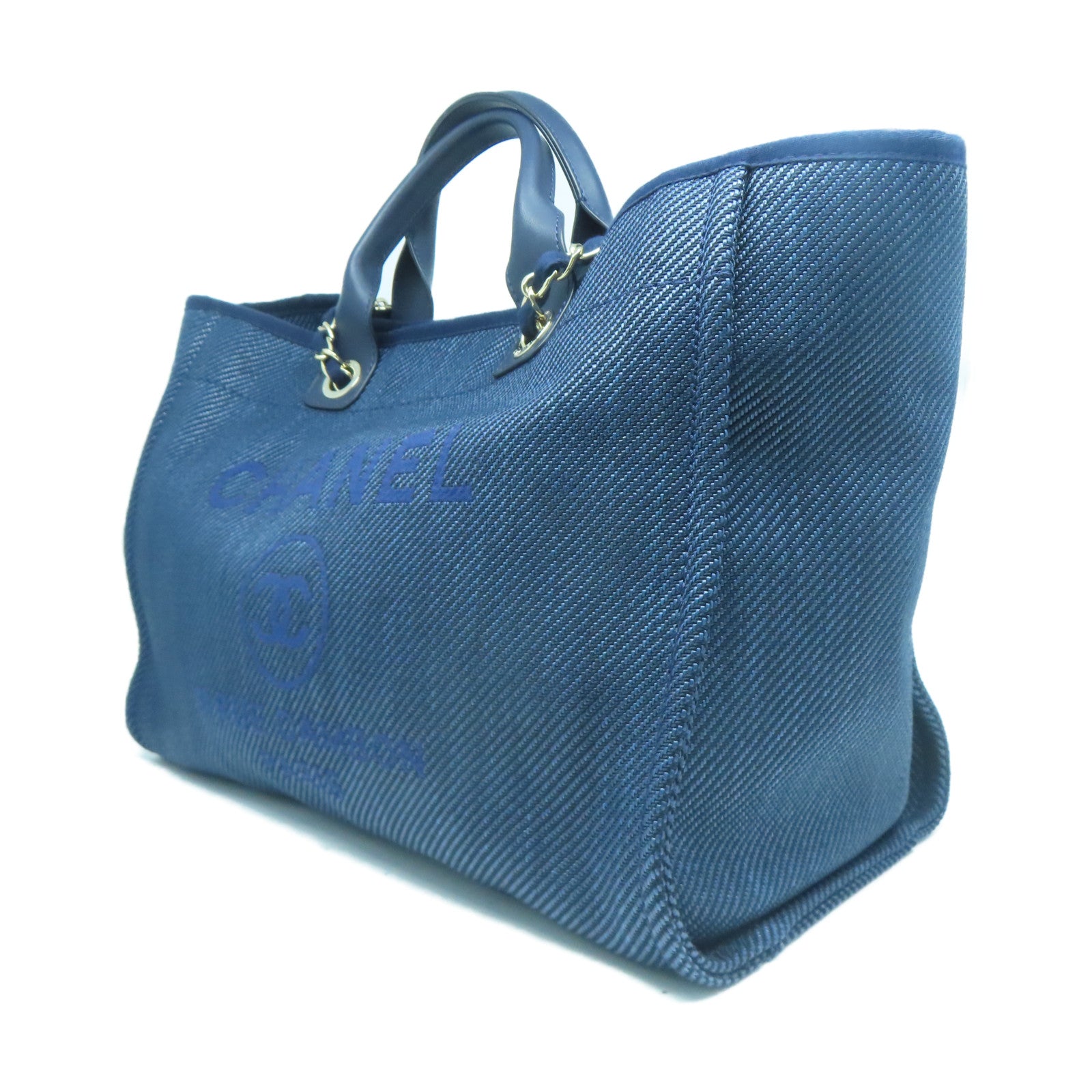CHANEL 帆布/牛皮皮革Deauville Tote銀扣手挽肩背兩用袋深藍色