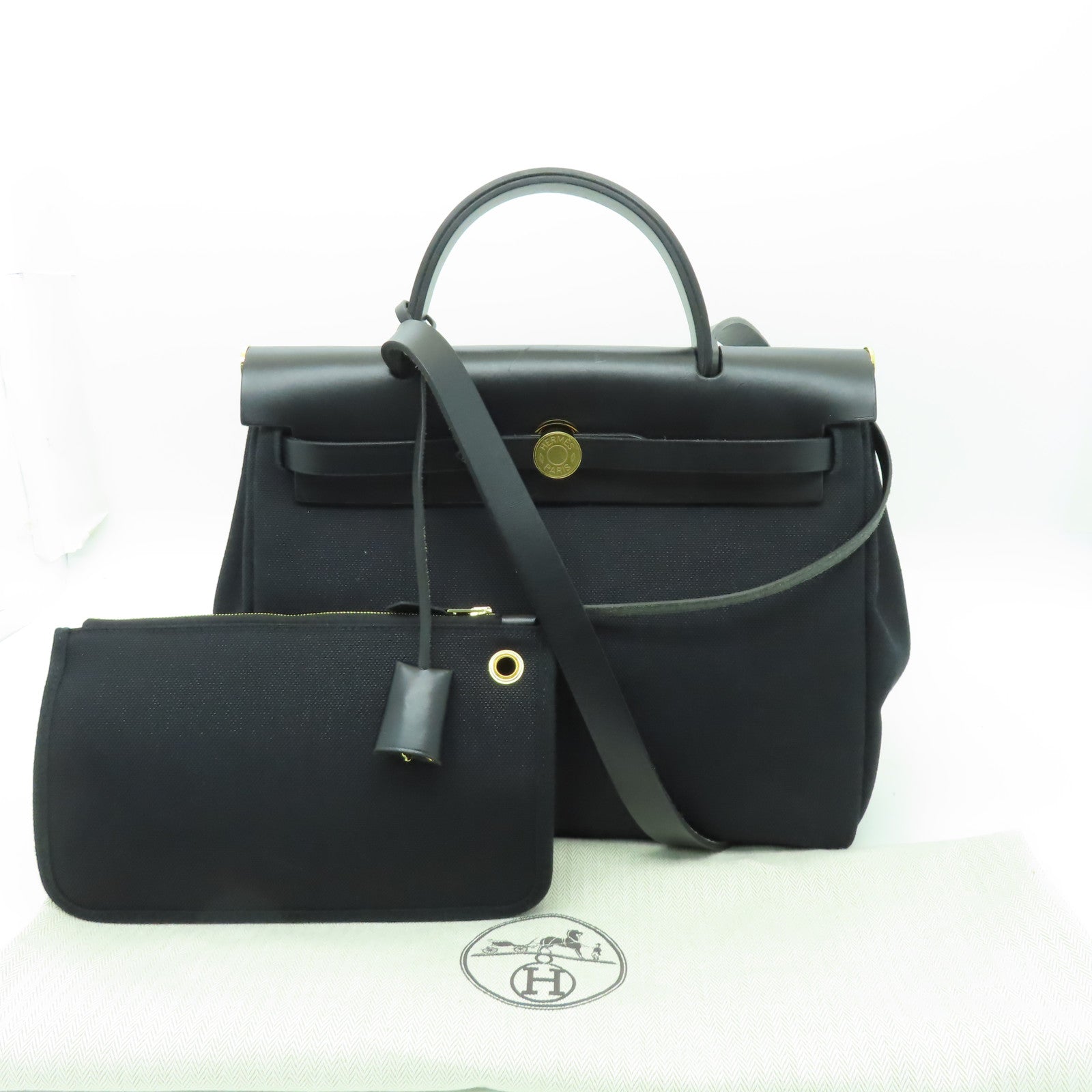 HERMES 【激減優惠】帆布Herbag PM金扣手挽肩背兩用袋黑色