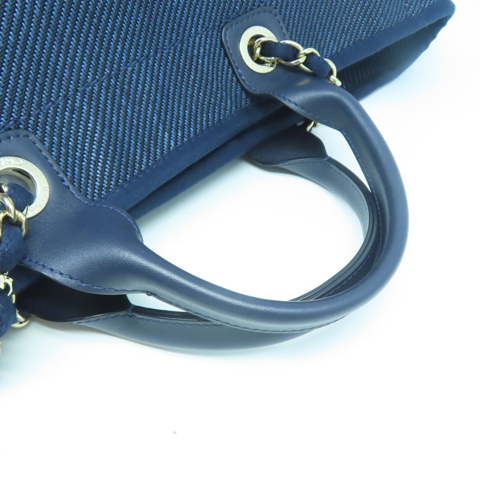 CHANEL 帆布/牛皮皮革Deauville Tote銀扣手挽肩背兩用袋深藍色