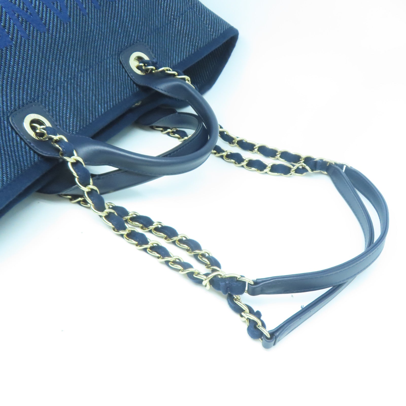 CHANEL 帆布/牛皮皮革Deauville Tote銀扣手挽肩背兩用袋深藍色